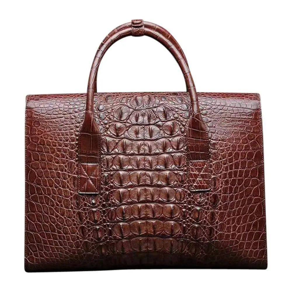 Rossie Viren crocodile leather foldover briefcase handbag with sleek design and textured crocodile pattern.