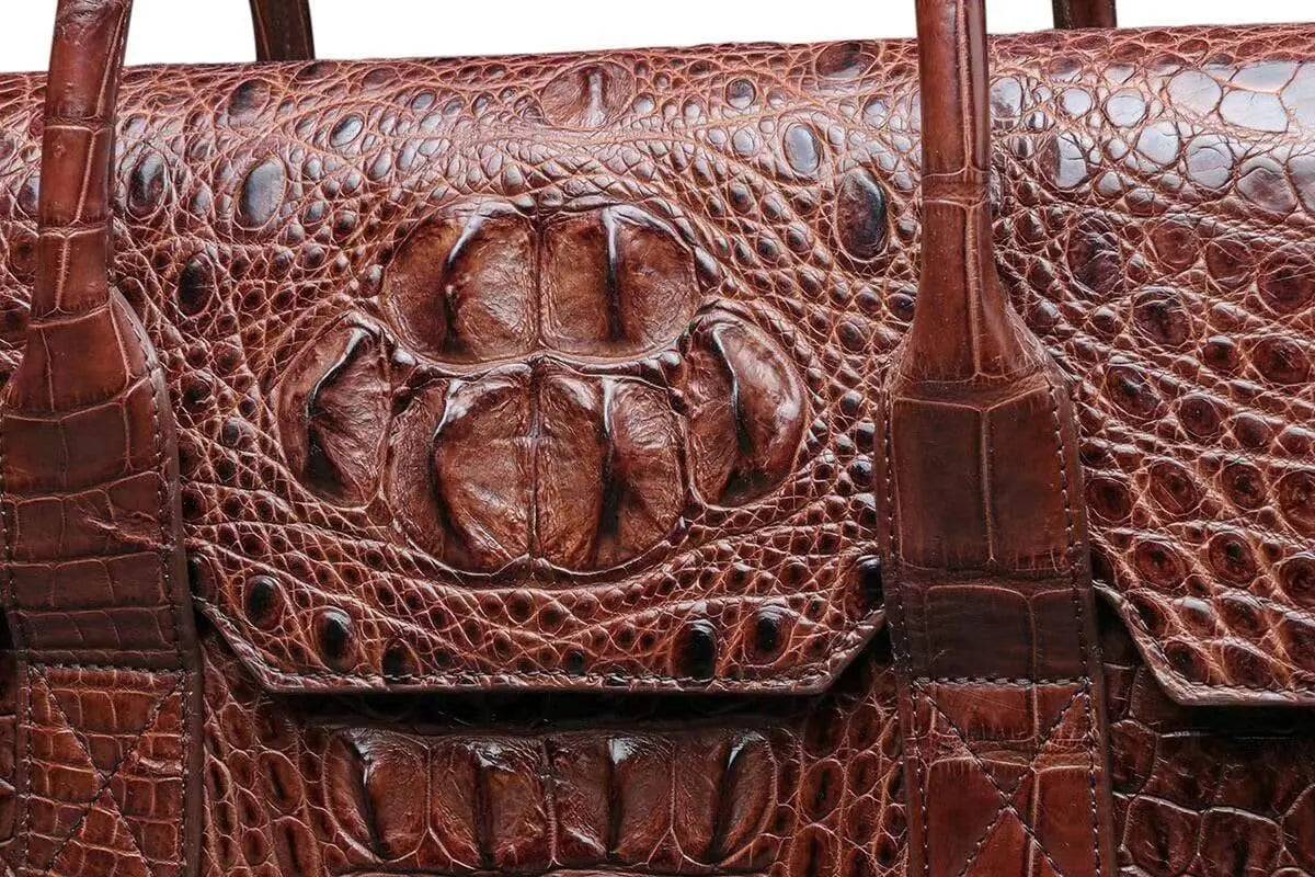 Rossie Viren crocodile leather foldover briefcase handbag with polished metal clasp and structured design.