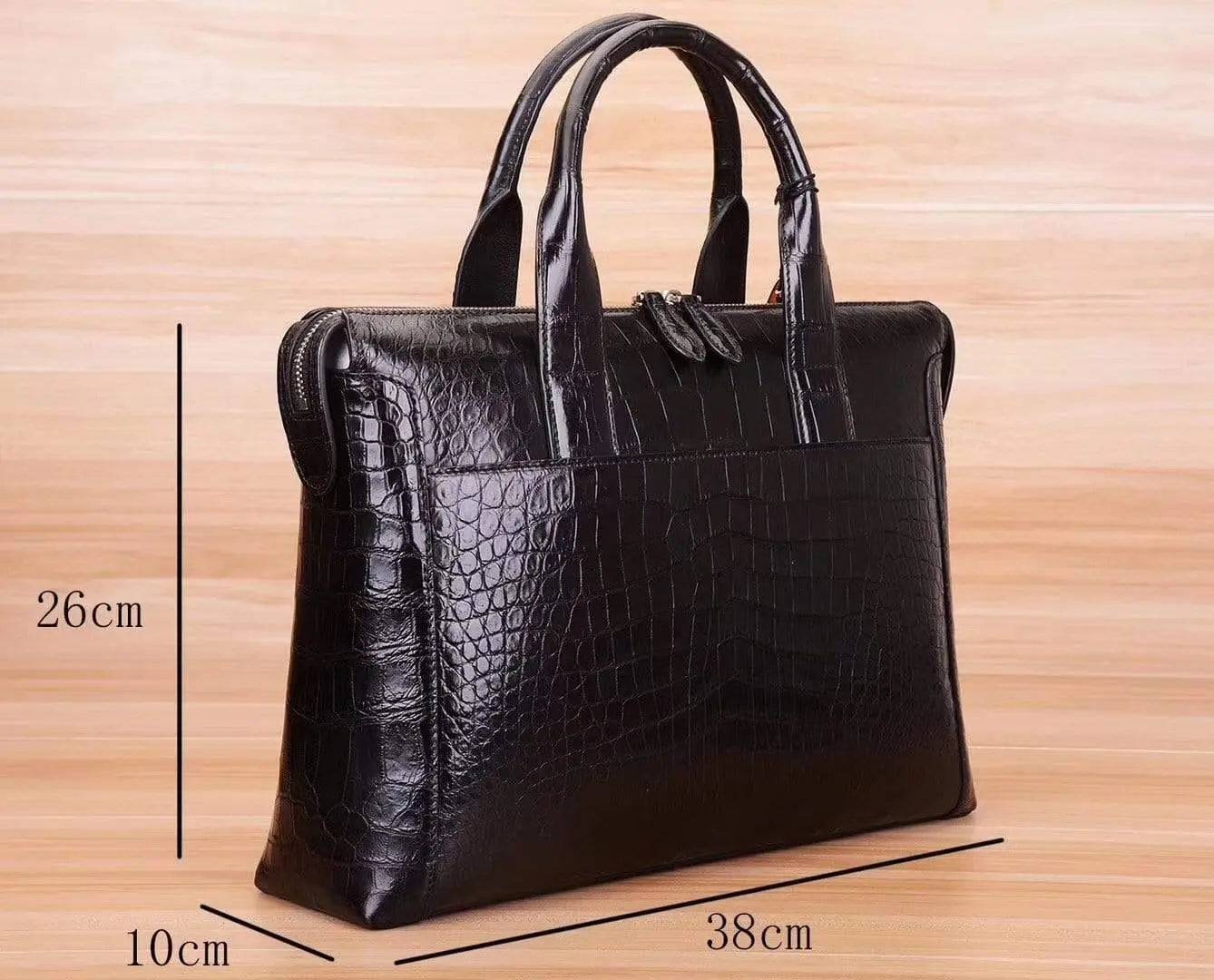 Black crocodile and alligator men's briefcase shoulder bag by Rossie Viren, featuring textured leather and a structured design.