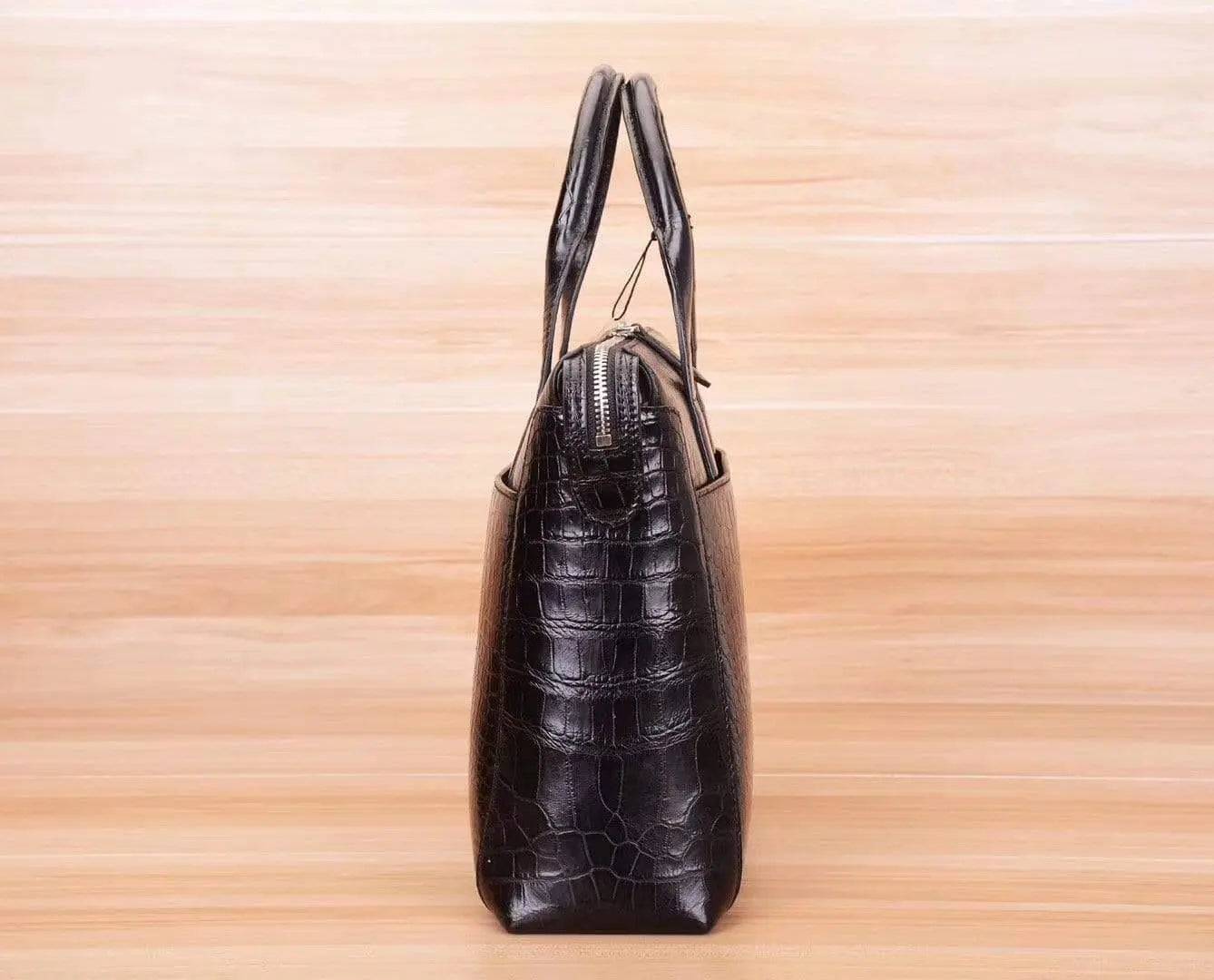 Black crocodile and alligator men's briefcase shoulder bag by Rossie Viren, featuring a textured crocodile leather finish.