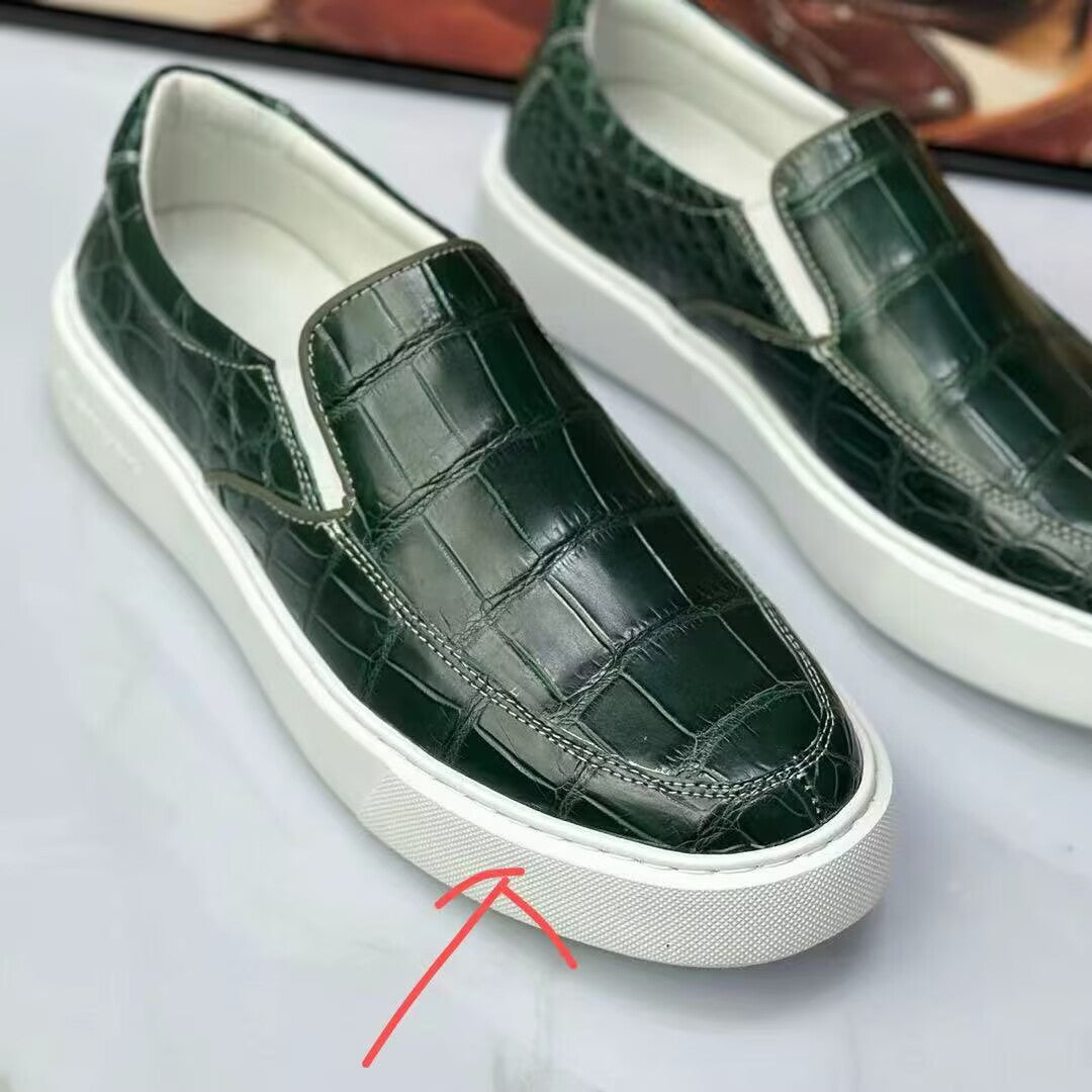 Preorder Crocodile Shoes Mens Crocodile Bone Leather Driving Shoes  Slip on Flats Walking Shoes Black