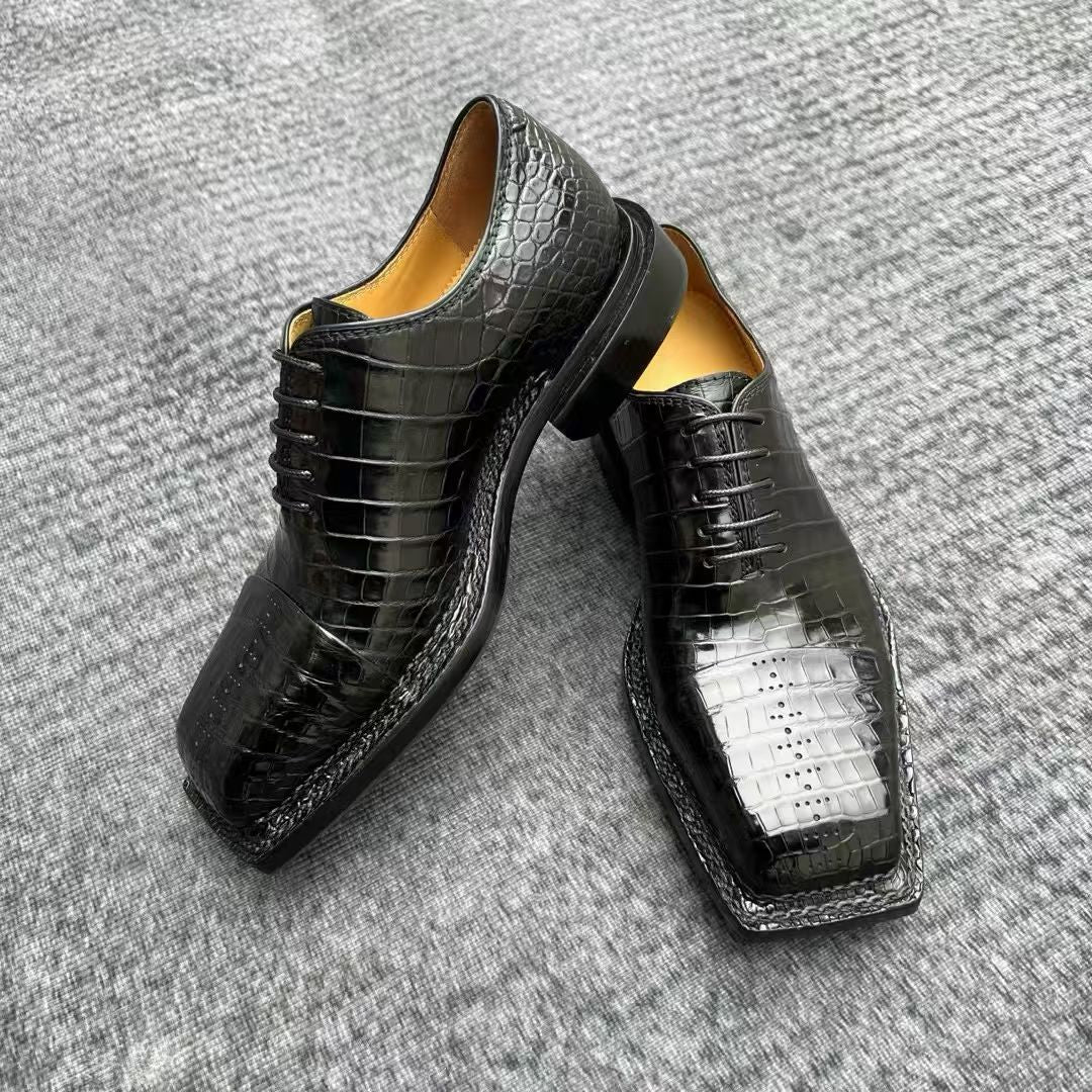 Genuine Crocodile Leather  Square-Toe Classic Lace -Up Dress Shoes Black