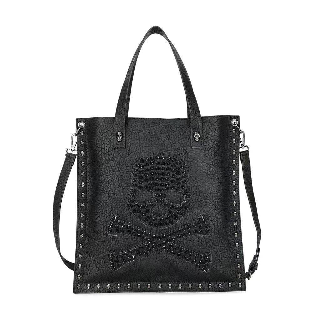 Large 3D studded skull shopper bag by Rossie Viren featuring bold skull design and sturdy tote style.