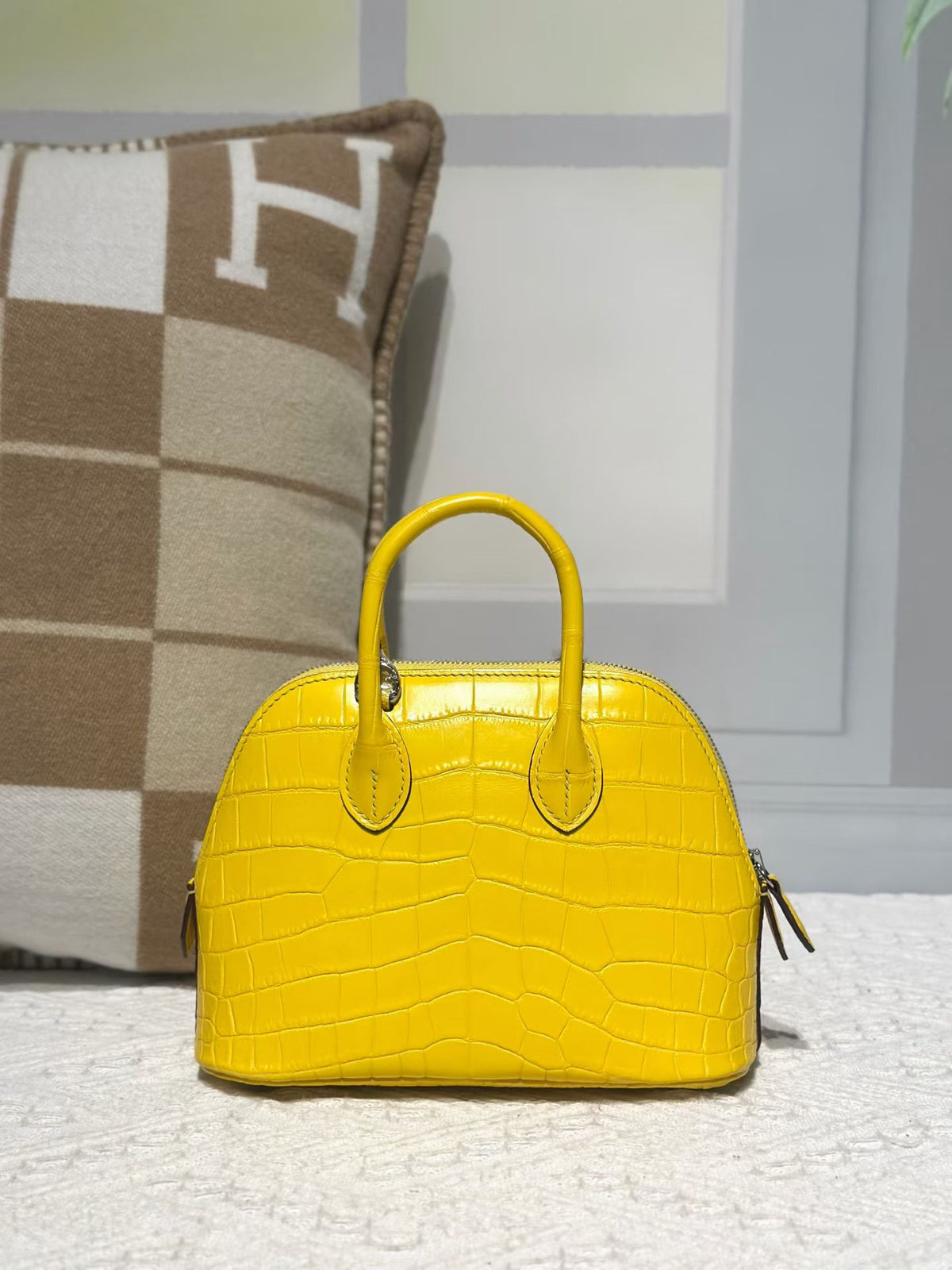 Genuine Crocodile Leather Mini Bowling Top Handle Bag Yellow
