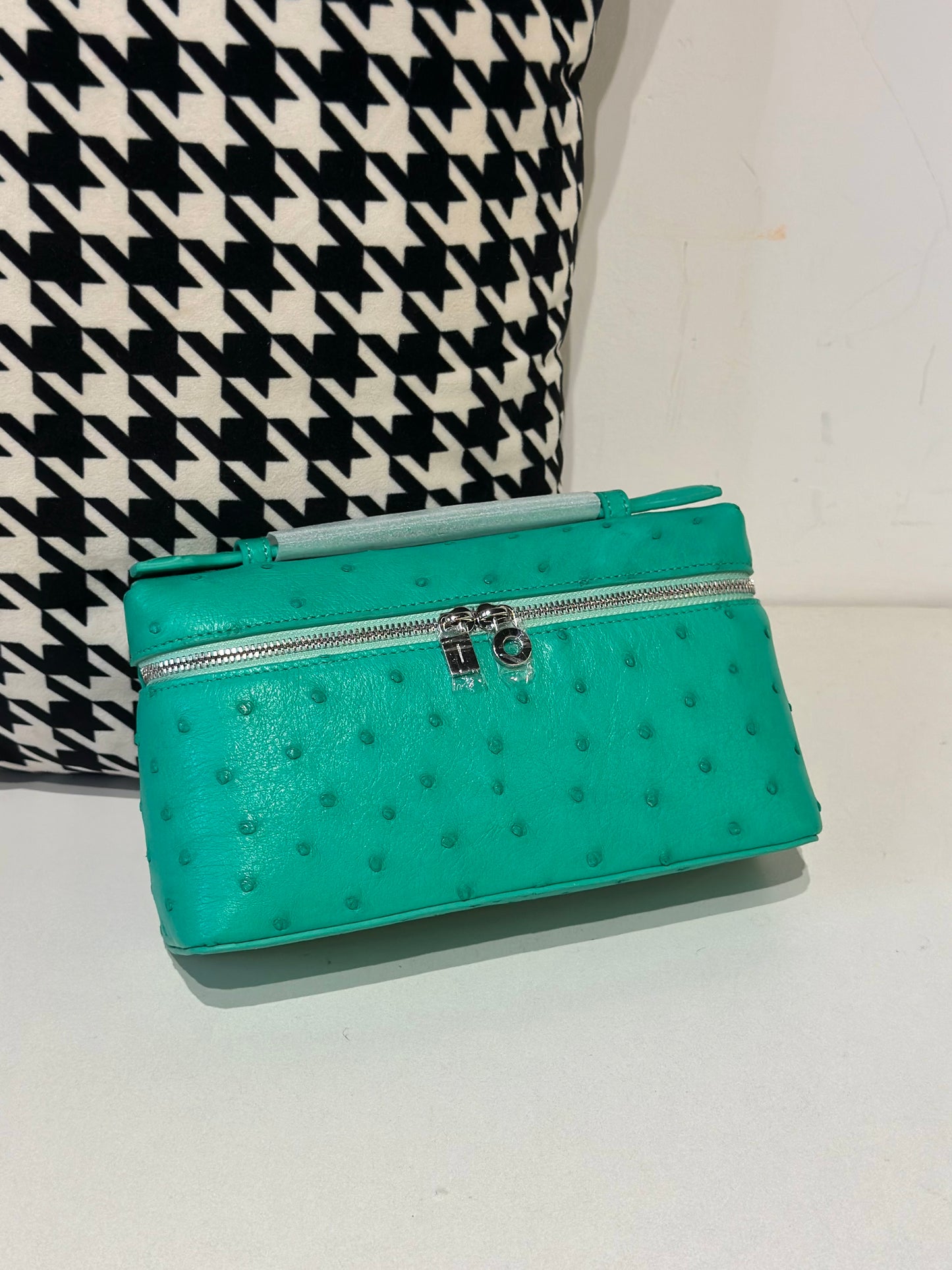 Genuine Ostrich Skin Leather Zipper Cosmetic Handle Bag Large