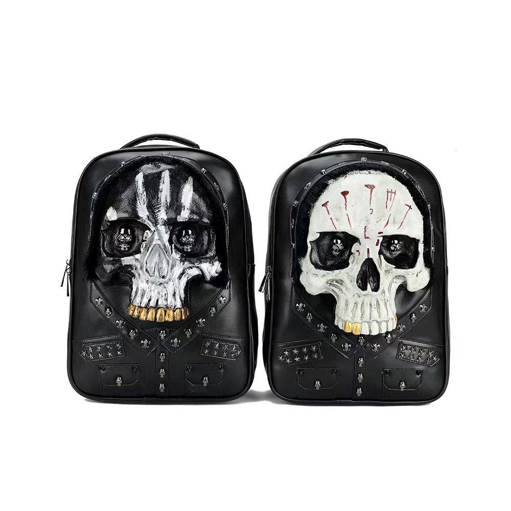 Rossie Viren 3D Skull backpack with studded details, hair accents, large size, designed as a stylish messenger bag for laptops.