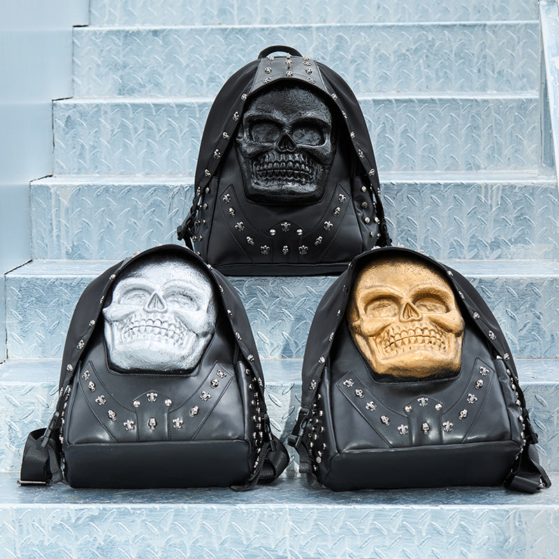 Rossie Viren 3D PU leather backpack with skull studs, featuring a spacious design and padded straps for comfortable carrying.