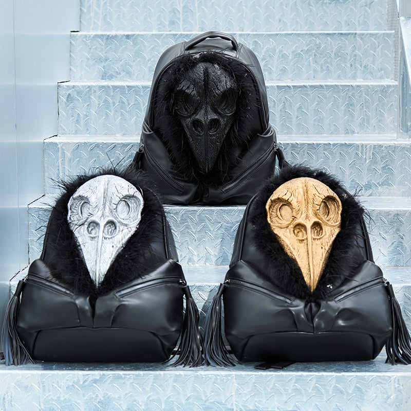 Rossie Viren 3D PU leather backpack featuring a beak skull design with feather accents for stylish everyday use.