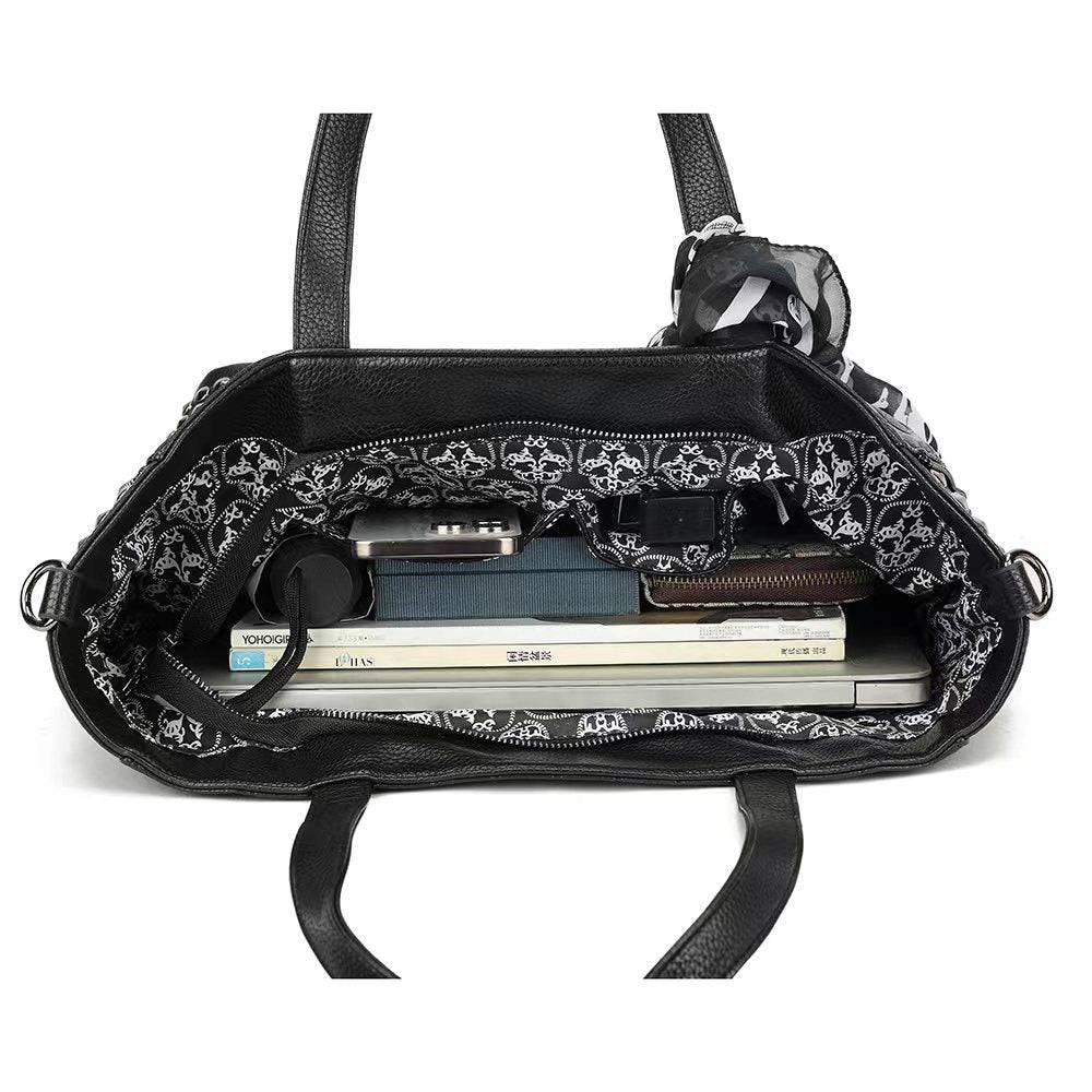Large Rossie Viren 3D studded embossed skull shopper bag with small pouch and scarf, stylish and spacious for everyday use