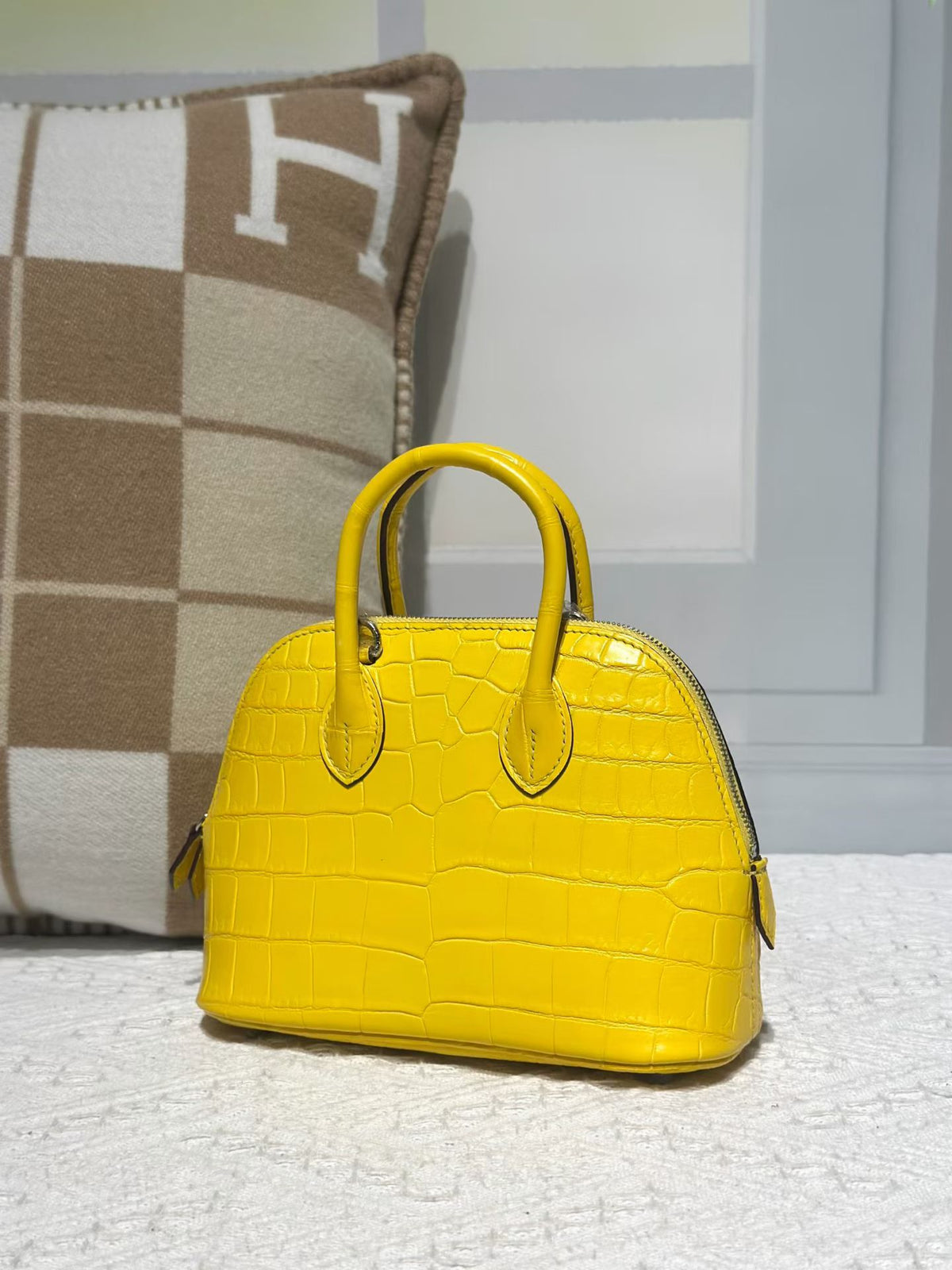 Genuine Crocodile Leather Mini Bowling Top Handle Bag Yellow