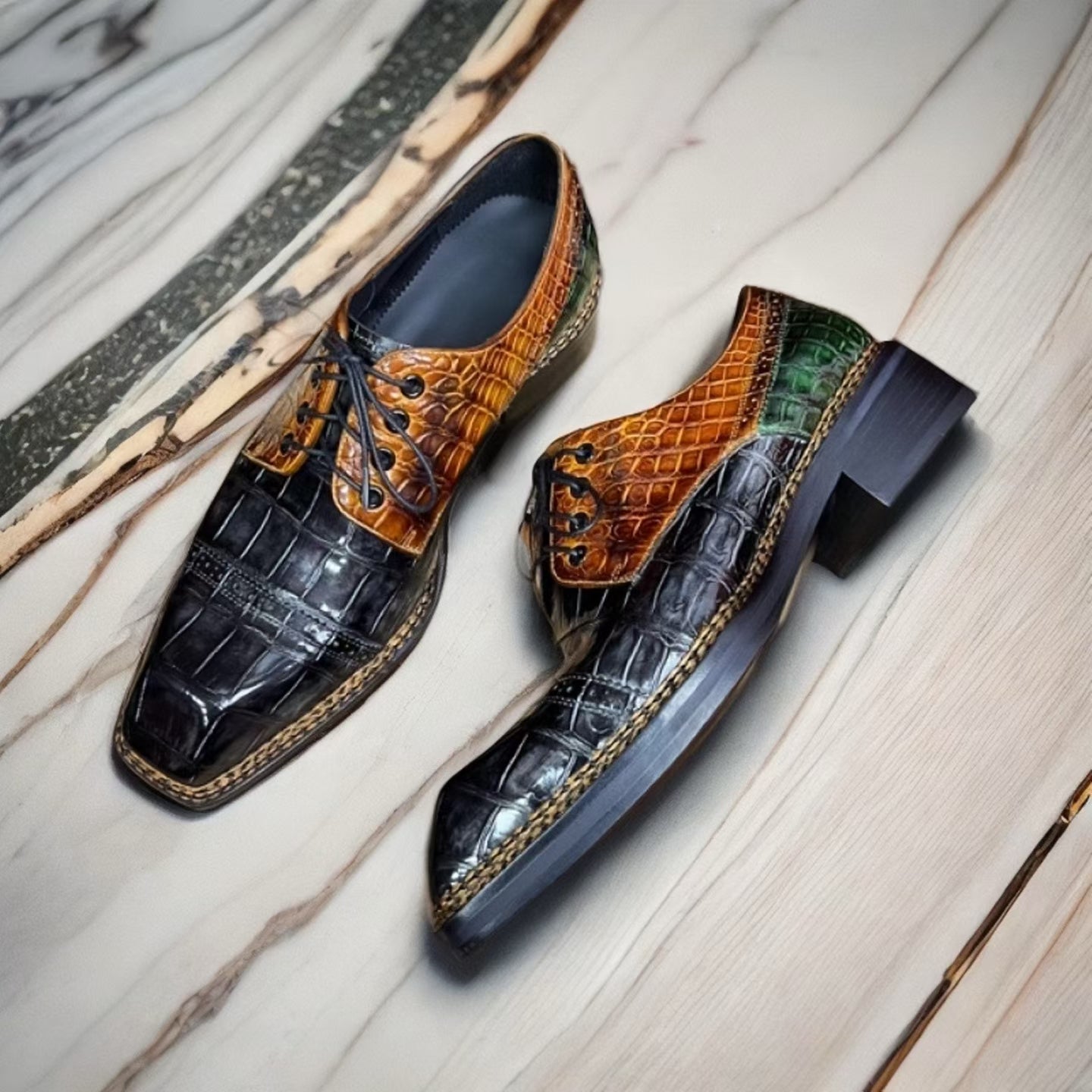 Vintage crocodile leather Norwegian sewn lace-up dress shoes by Rossie Viren, showcasing detailed crocodile pattern and classic design.