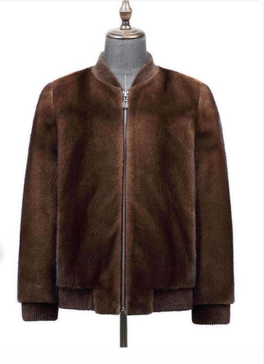 Unisex Brown Whole Mink Fur Slim Fit Motorcycle Bomber Biker Jacket