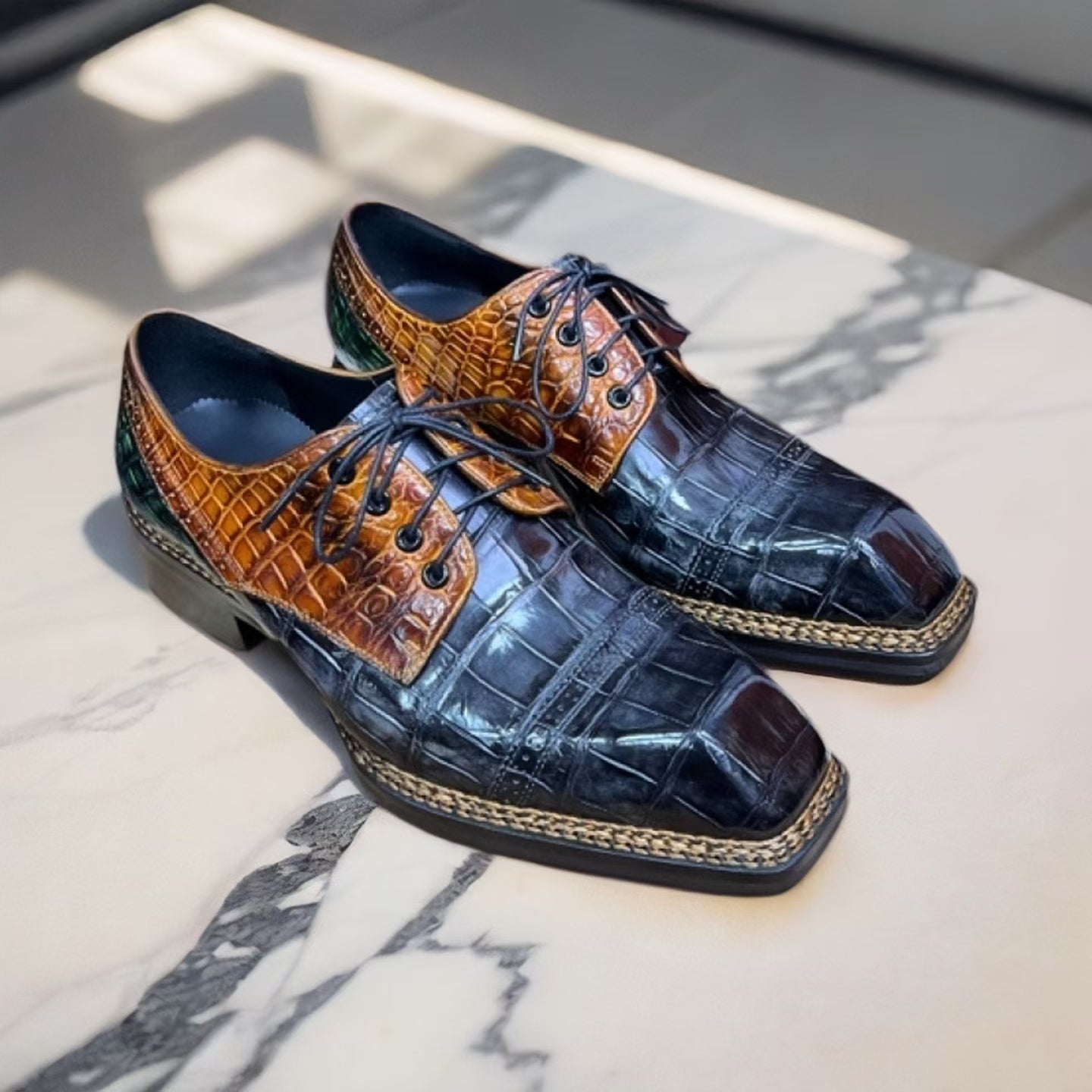 Vintage Rossie Viren crocodile leather Norwegian sewn lace-up dress shoes with detailed crocodile pattern and polished finish.