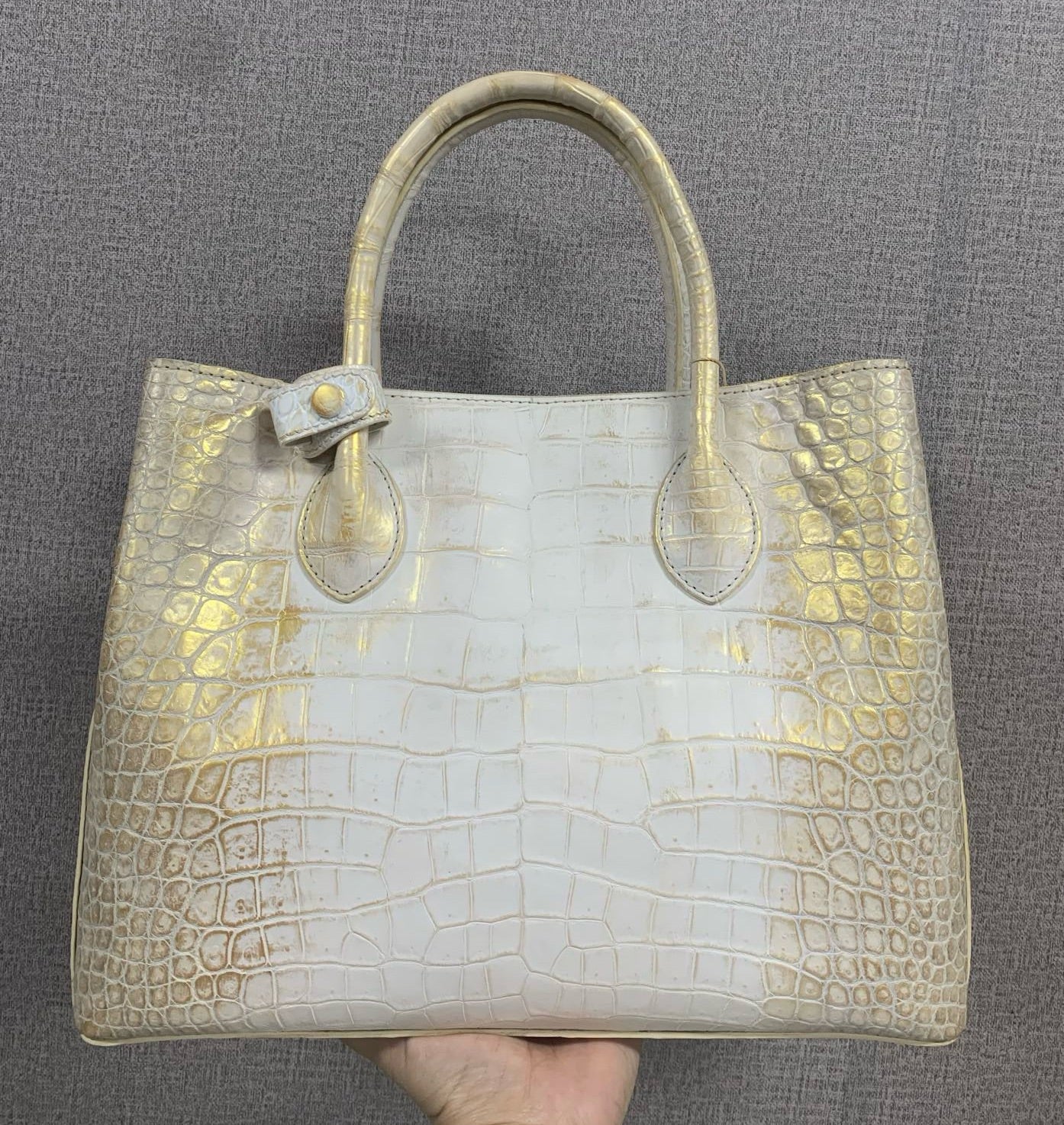 White Genuine Crocodile  Skin Leather Brushed Gold Top Handle Bag For Women