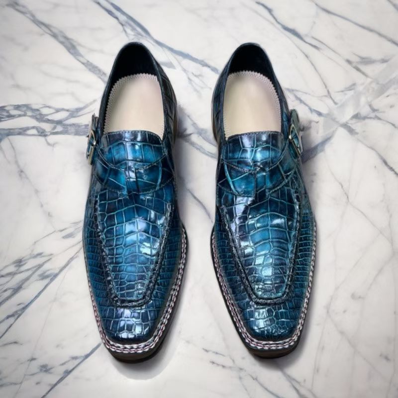 Vintage crocodile leather dress shoes with side buckle and Norwegian sewn detailing by Rossie Viren.