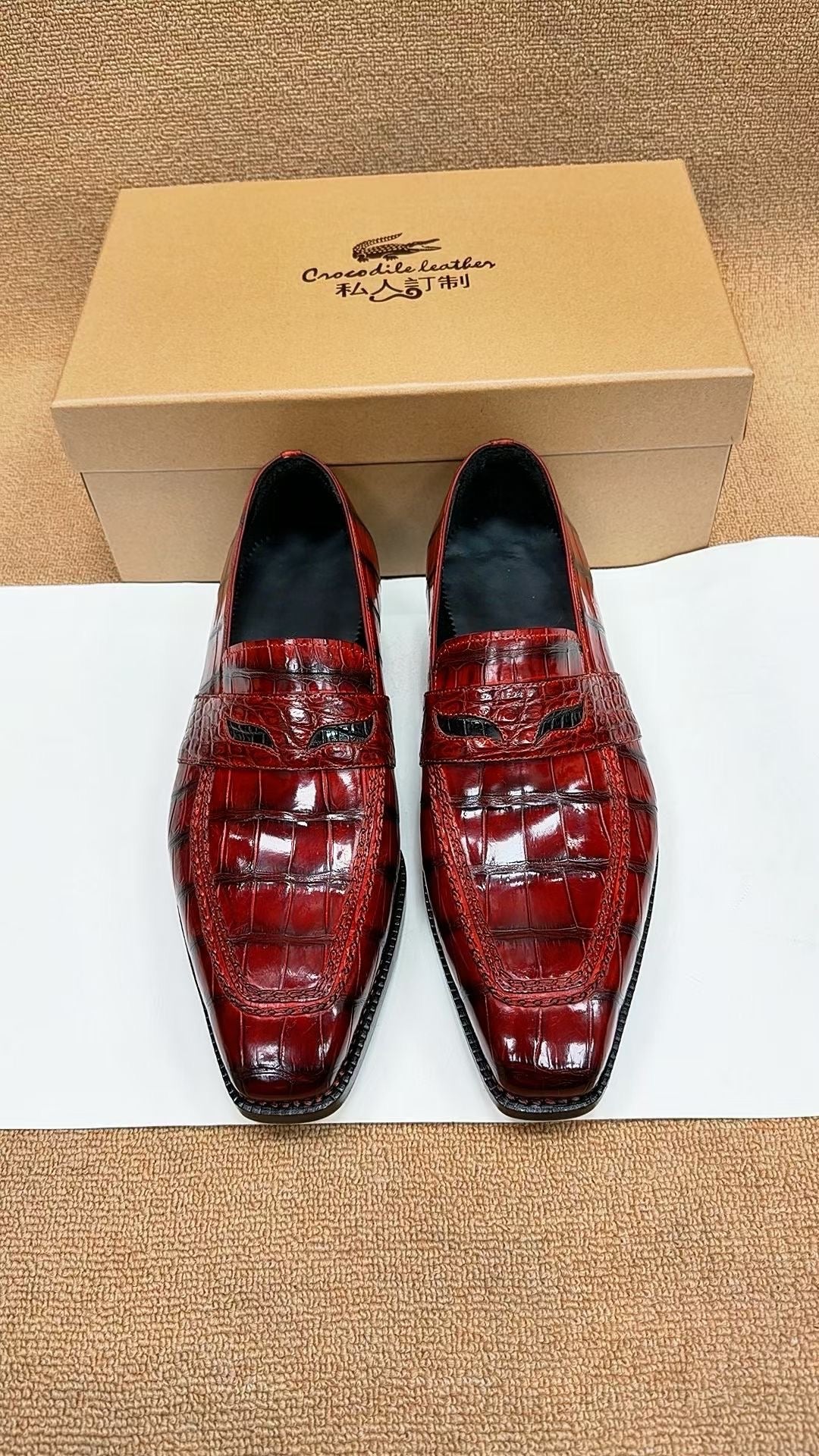 Crocodile Shoes, Crocodile Leather Norwegian Sewn Dress Loafer Shoes Red & Black