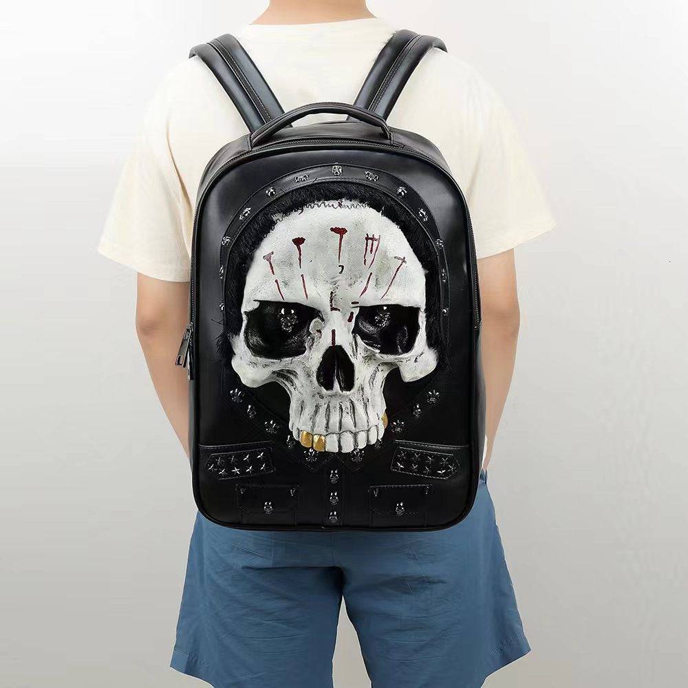 Rossie Viren 3D Skull backpack with studded details and hair, large messenger bag suitable for laptops, stylish and edgy.