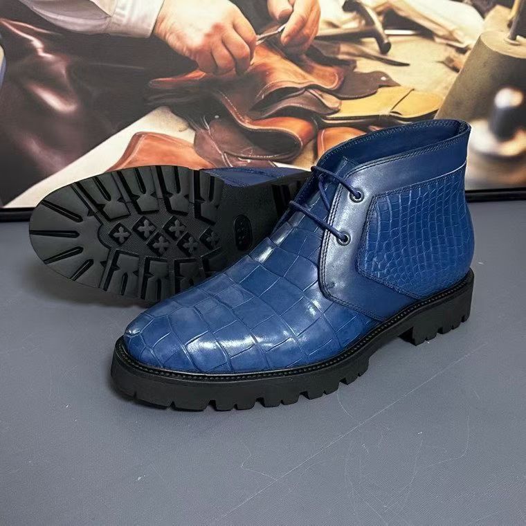 Blue genuine crocodile leather boots by Rossie Viren, stylish shoes with textured crocodile pattern and sleek design.