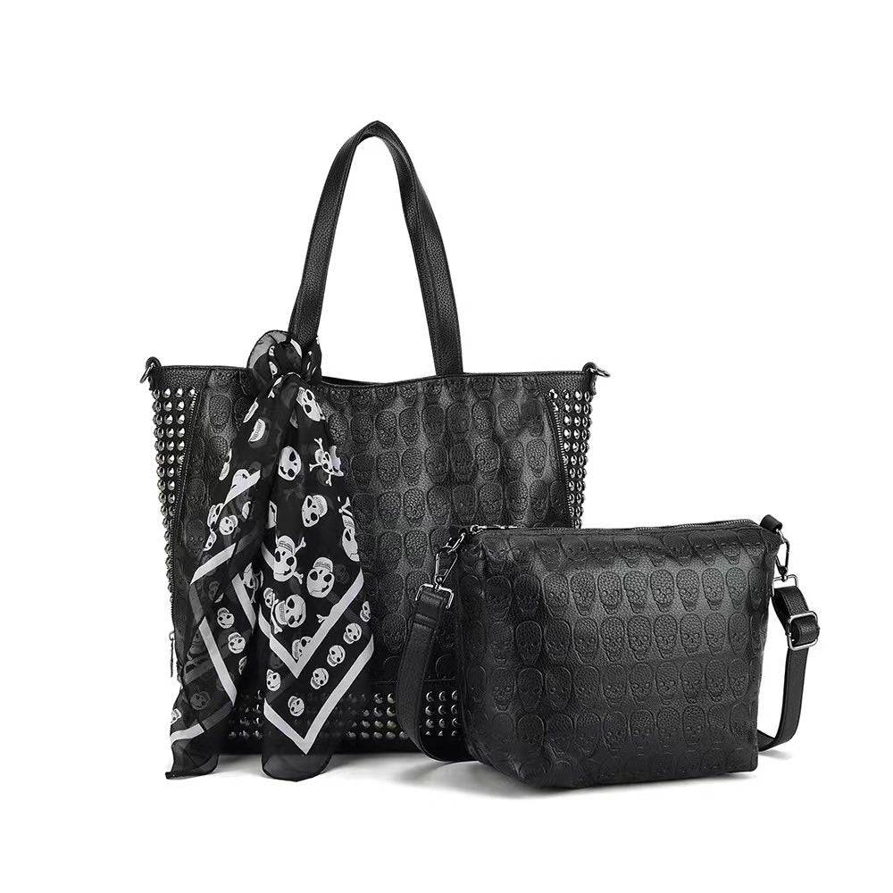 Rossie Viren 3D large shopper bag with studded embossed skull design, includes small pouch and scarf, stylish and spacious.