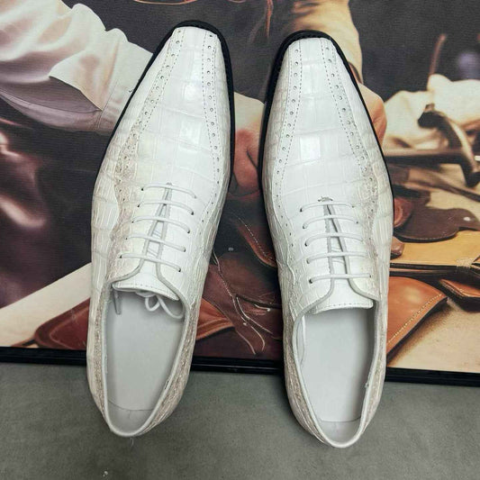 Crocodile Shoes, Men's Himalaya White Crocodile Leather Lace Up Business Dress Shoes