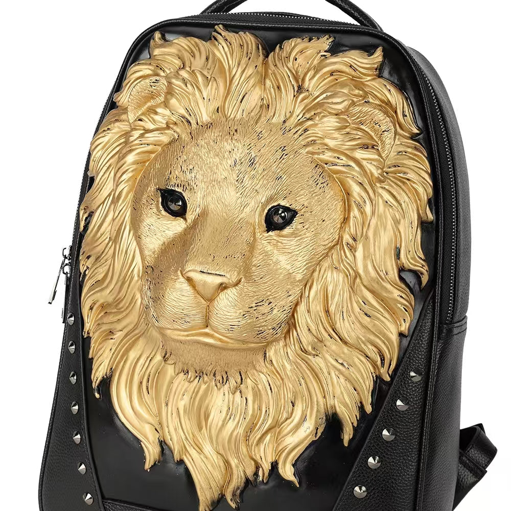 Rossie Viren 3D leather backpack featuring a lion head design, ideal for outdoor travel and carrying computers.