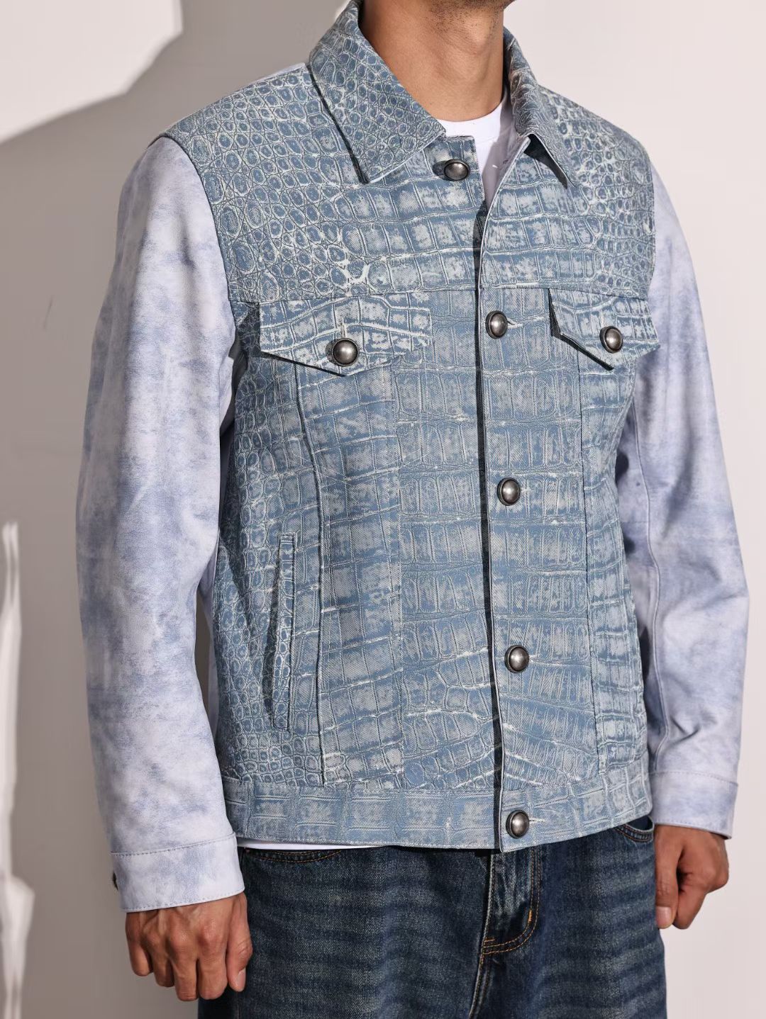 Mens Jackets , Denim Fabric Style Crocodile Skin Leather Jackets