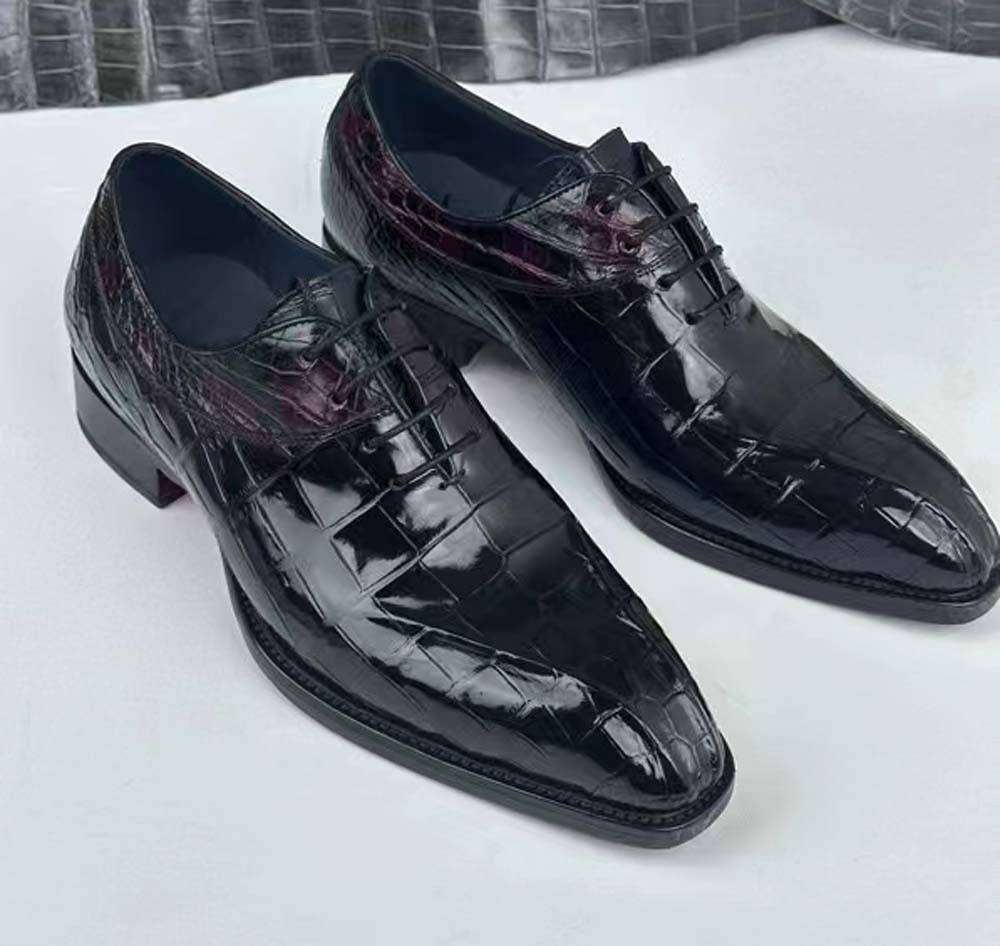 Rossie Viren men's vintage wine red crocodile leather dress shoes with lace-up design and polished finish.