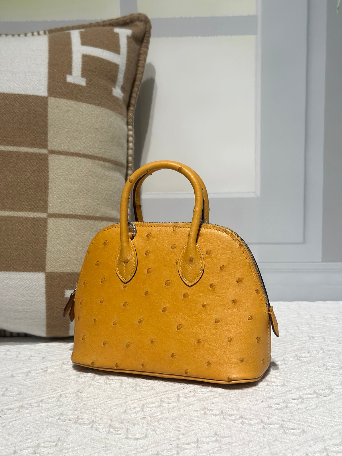 Genuine Ostrich Skin Leather Mini Bowling Top Handle Bag Amber Yellow