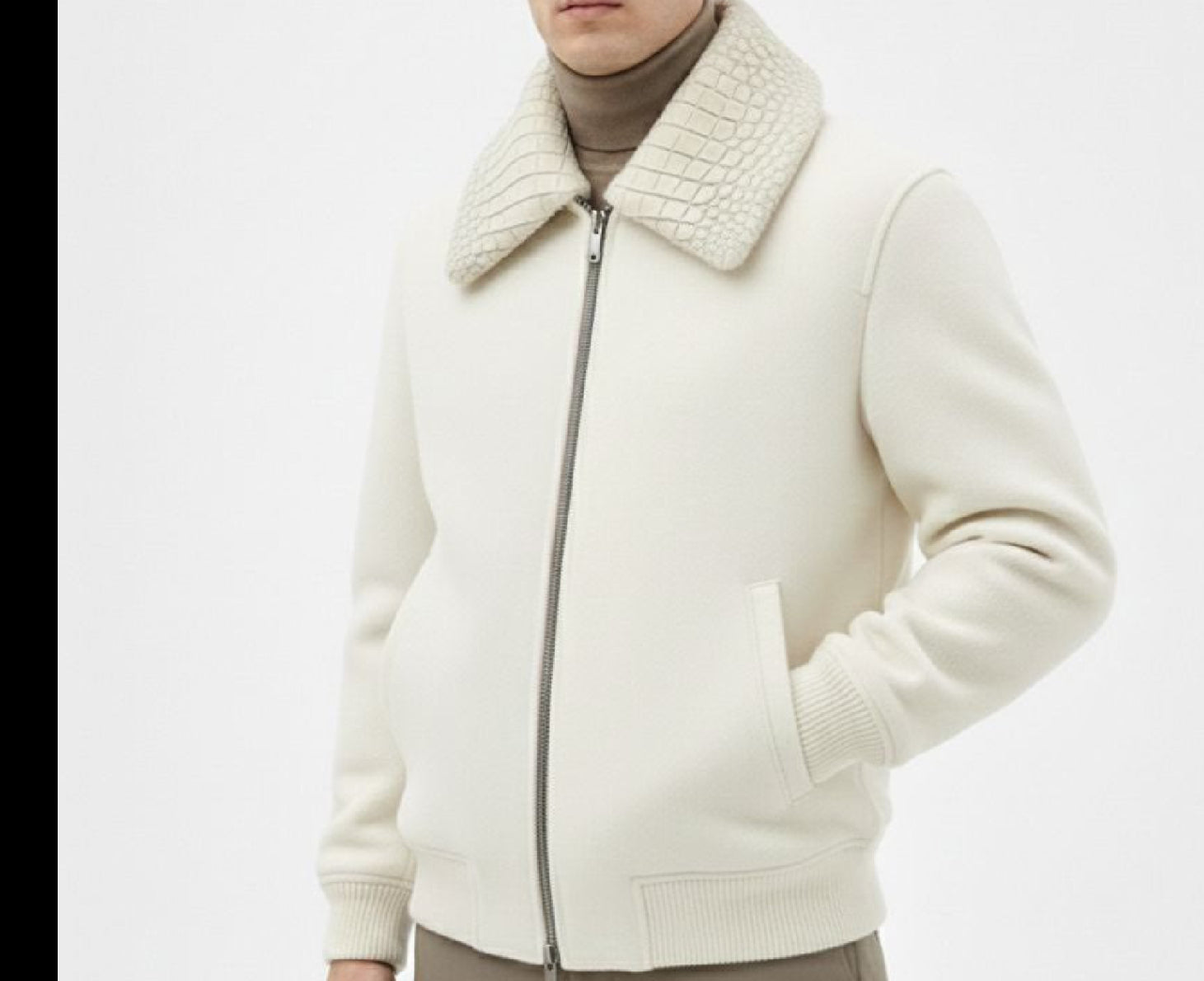 Rossie Viren men's cashmere jacket with crocodile skin leather, stylish full-length jacket for a sophisticated look.