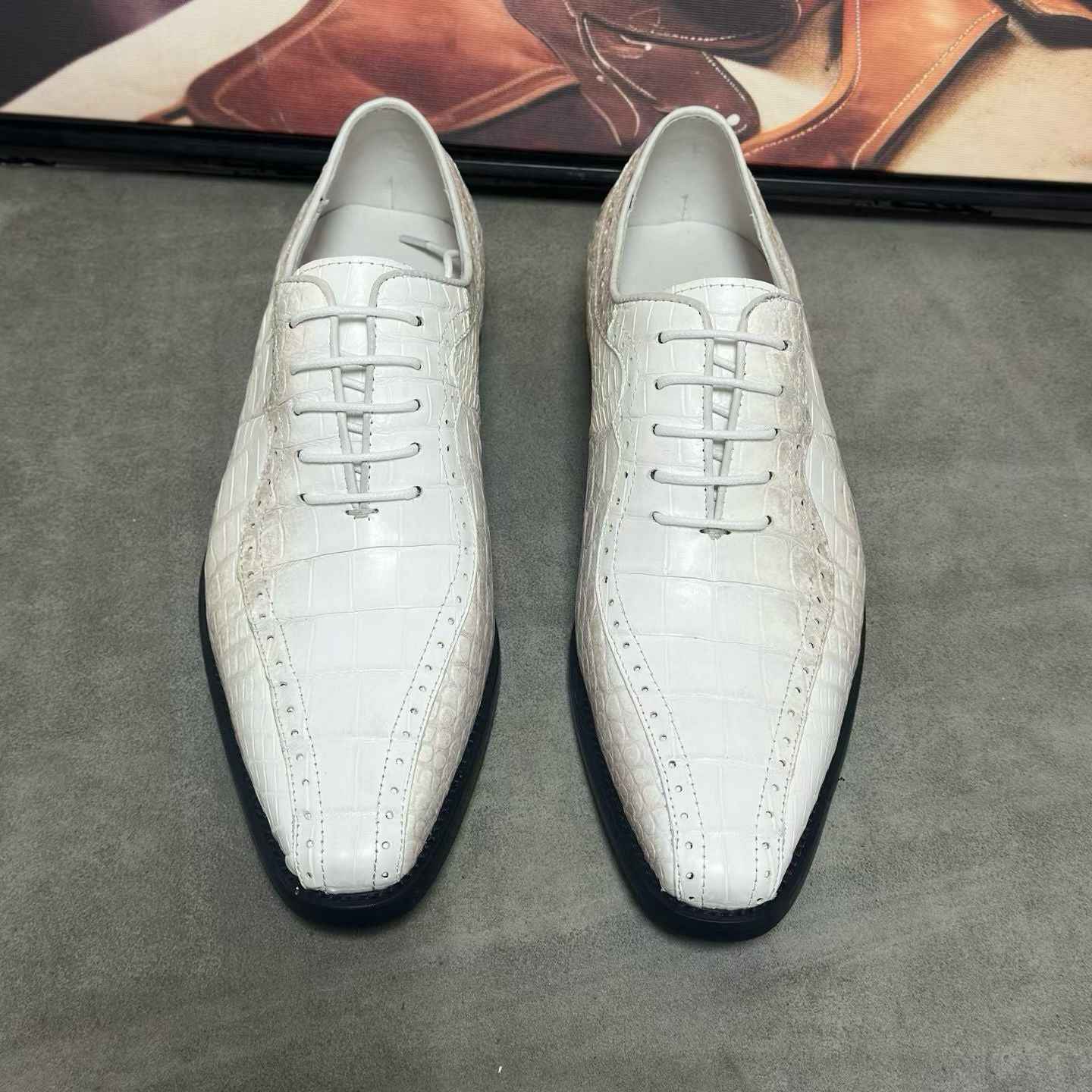 Crocodile Shoes, Men's Himalaya White Crocodile Leather Lace Up Business Dress Shoes