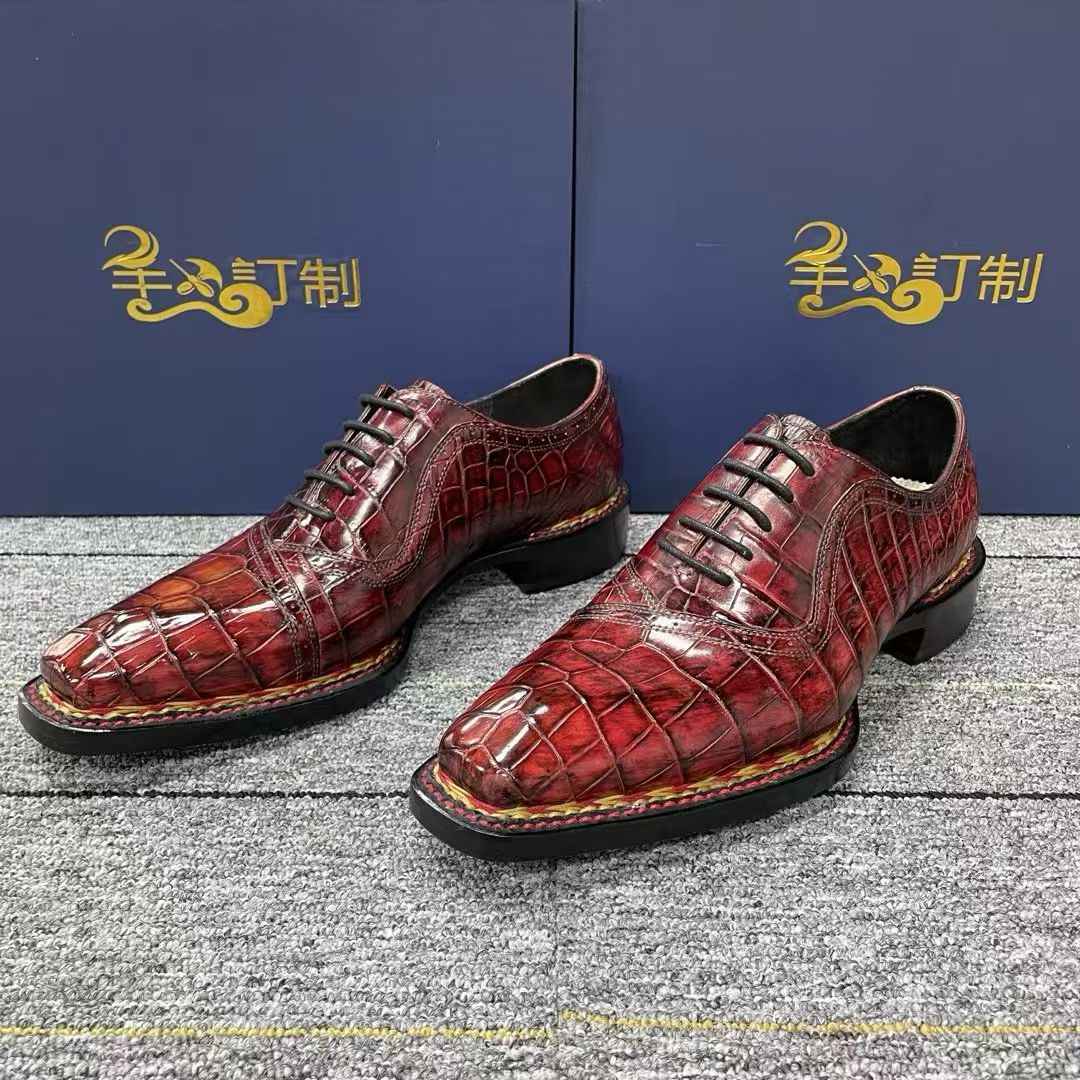 Crocodile Shoes, Men's Vintage Wine Red Norwegian Lace-Up Business  Shoes
