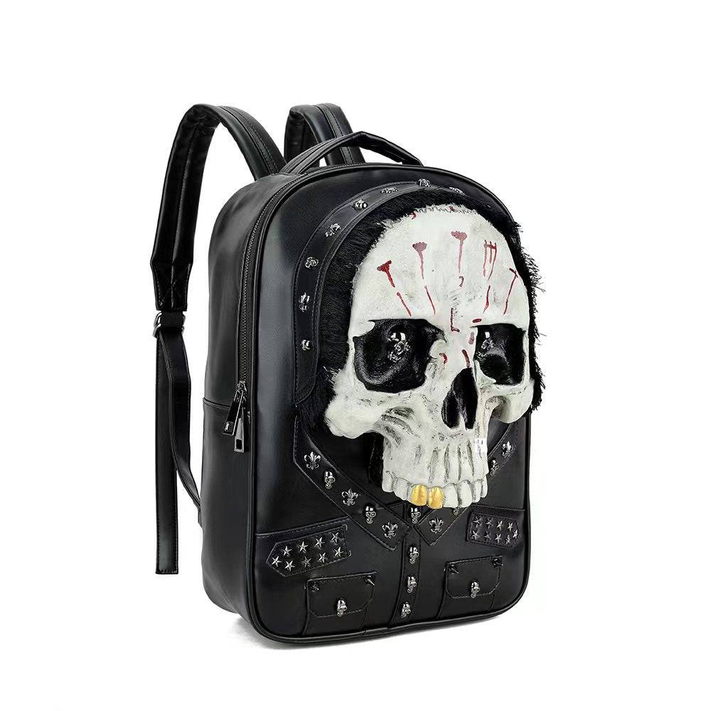 Rossie Viren 3D Skull messenger backpack with studded skull design, large size, hair detail, ideal for carrying a laptop.