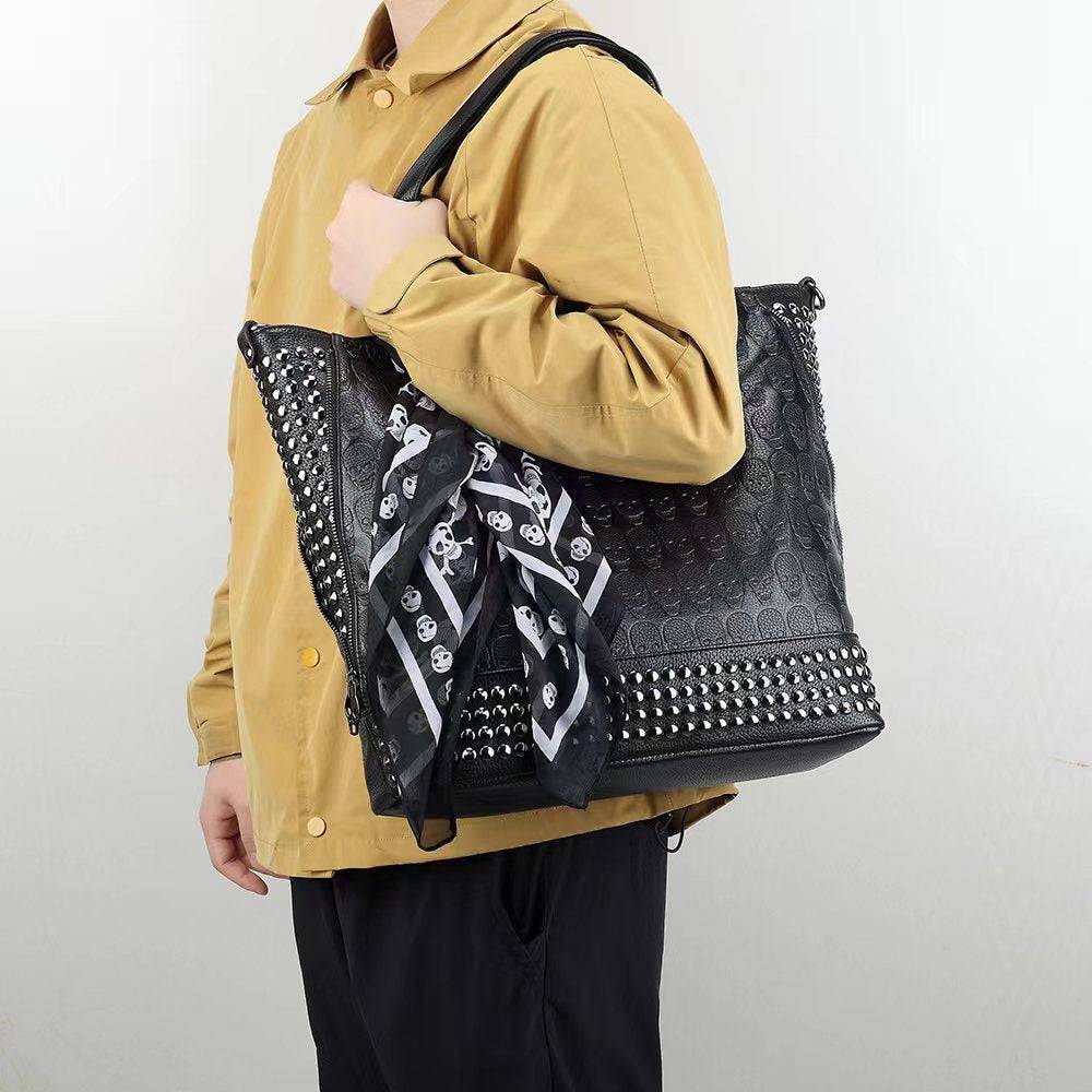 Rossie Viren 3D large shopper bag with studded embossed skull design, includes a small pouch and matching scarf.