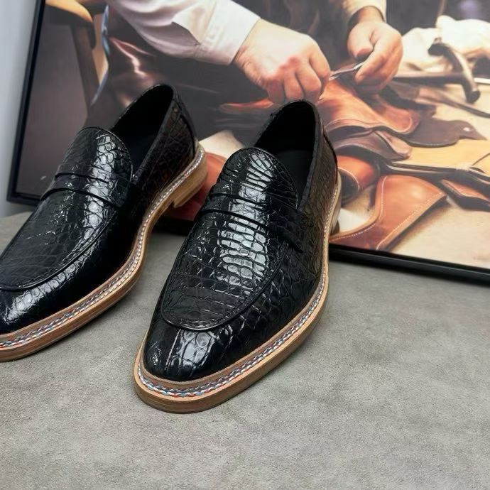 Crocodile Shoes, Men's Crocodile Leather Slip-On Loafer Shoes Black