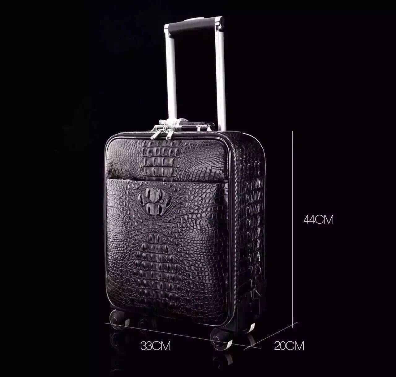 Genuine crocodile leather Rossie Viren laptop trolley suitcase with sturdy handle and spacious travel luggage compartments.