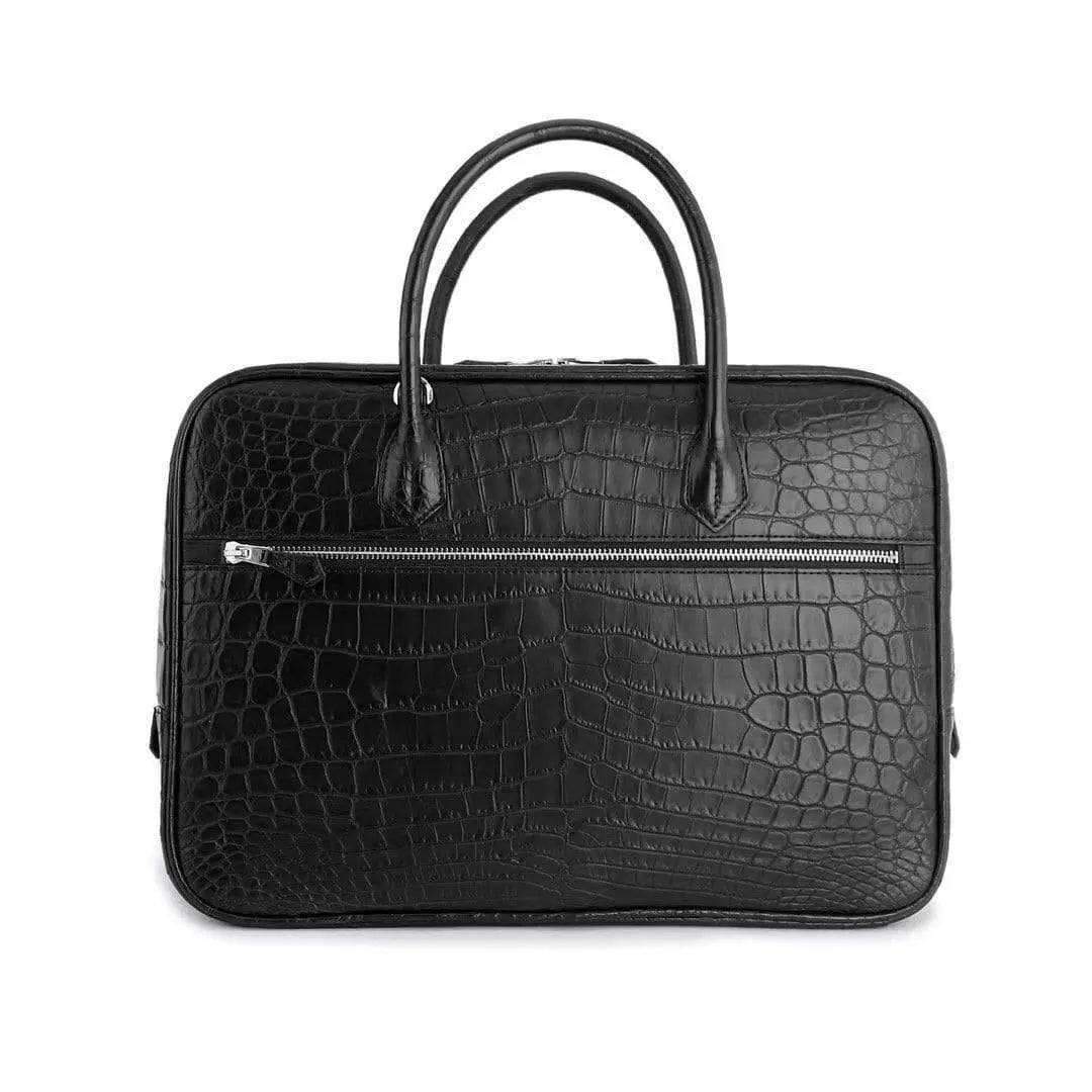 Black genuine crocodile leather messenger bag by Rossie Viren, designed for business documents, travel, and laptop storage.
