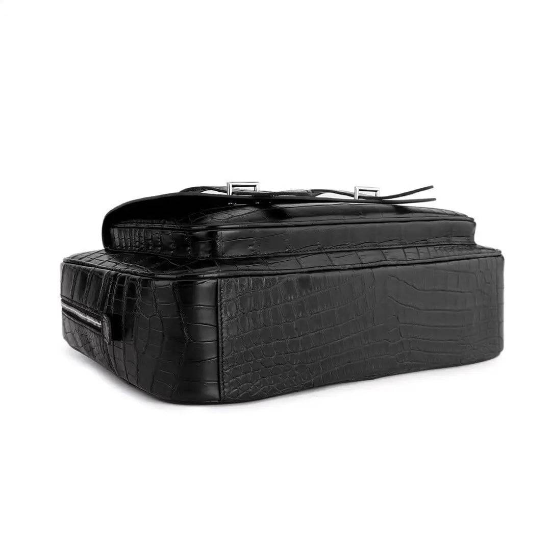 Black genuine crocodile leather messenger bag for men, featuring a postman style design with compartments for documents and laptops.