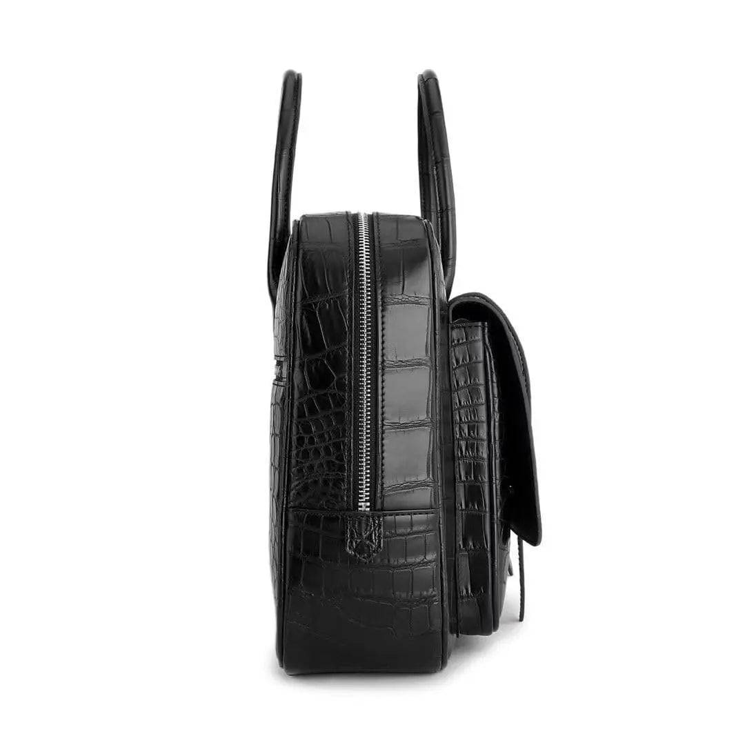 Black genuine crocodile leather messenger bag for men, designed for business, travel, and laptop storage by Rossie Viren.