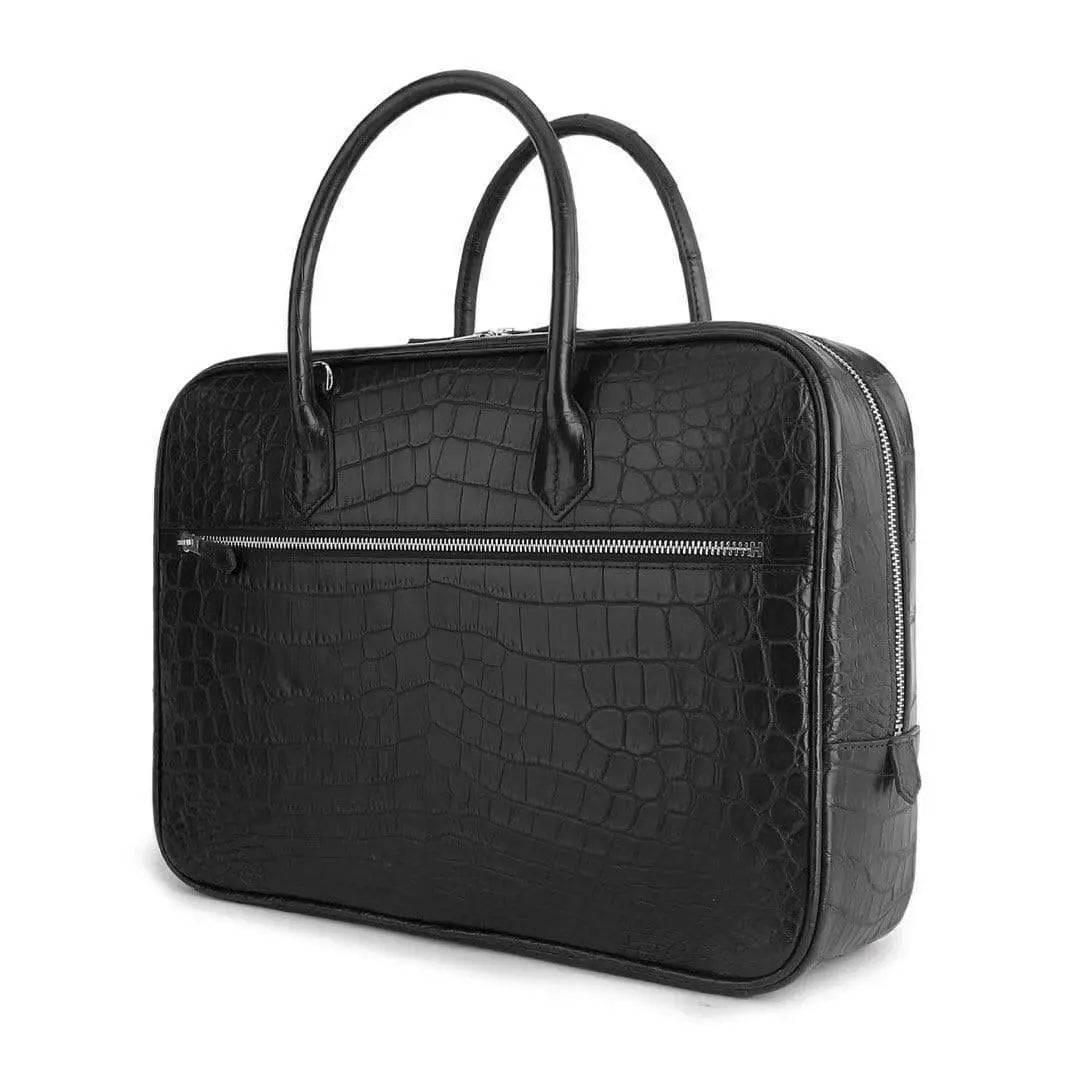 Black genuine crocodile leather messenger bag for men, designed for business documents, travel, and laptops by Rossie Viren.