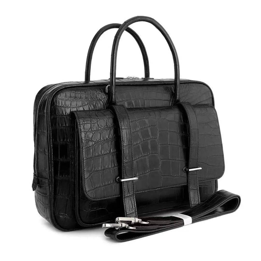 Black genuine crocodile leather messenger bag for men, designed for business, travel, and carrying laptops and documents.