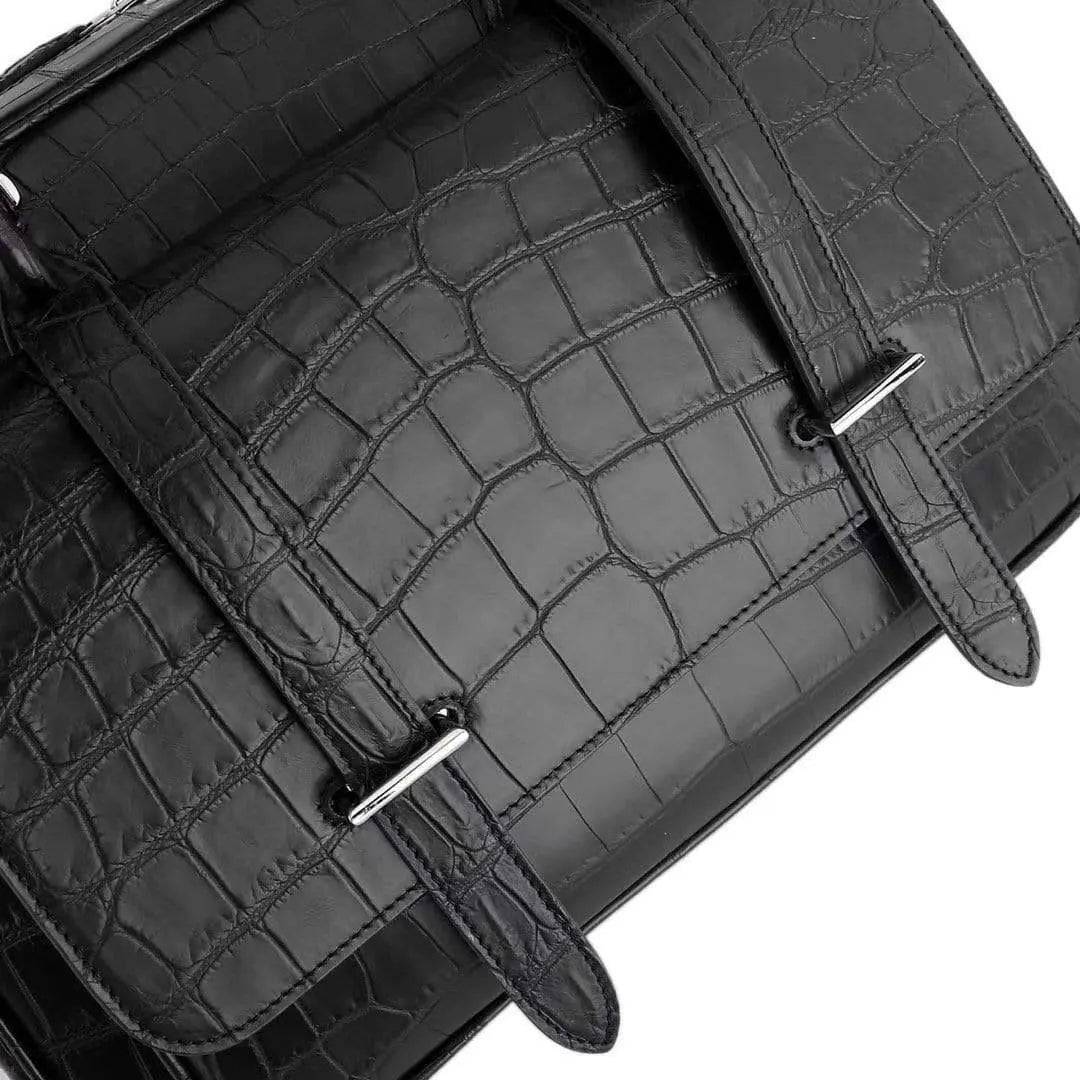 Black genuine crocodile leather messenger bag for men, featuring a postman style design, suitable for business and travel.