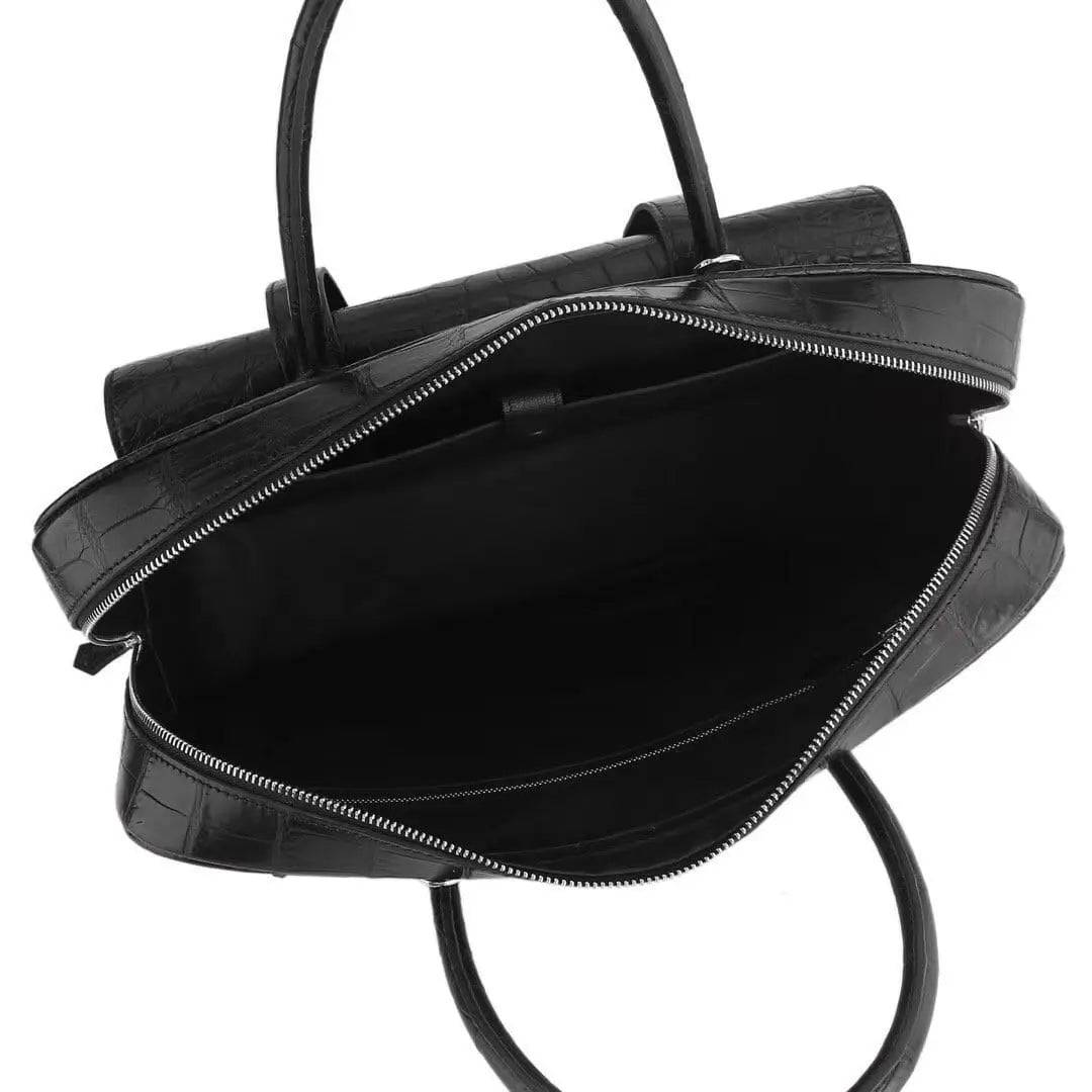 Black genuine crocodile leather messenger bag by Rossie Viren, suitable for business documents, travel, and laptop storage.