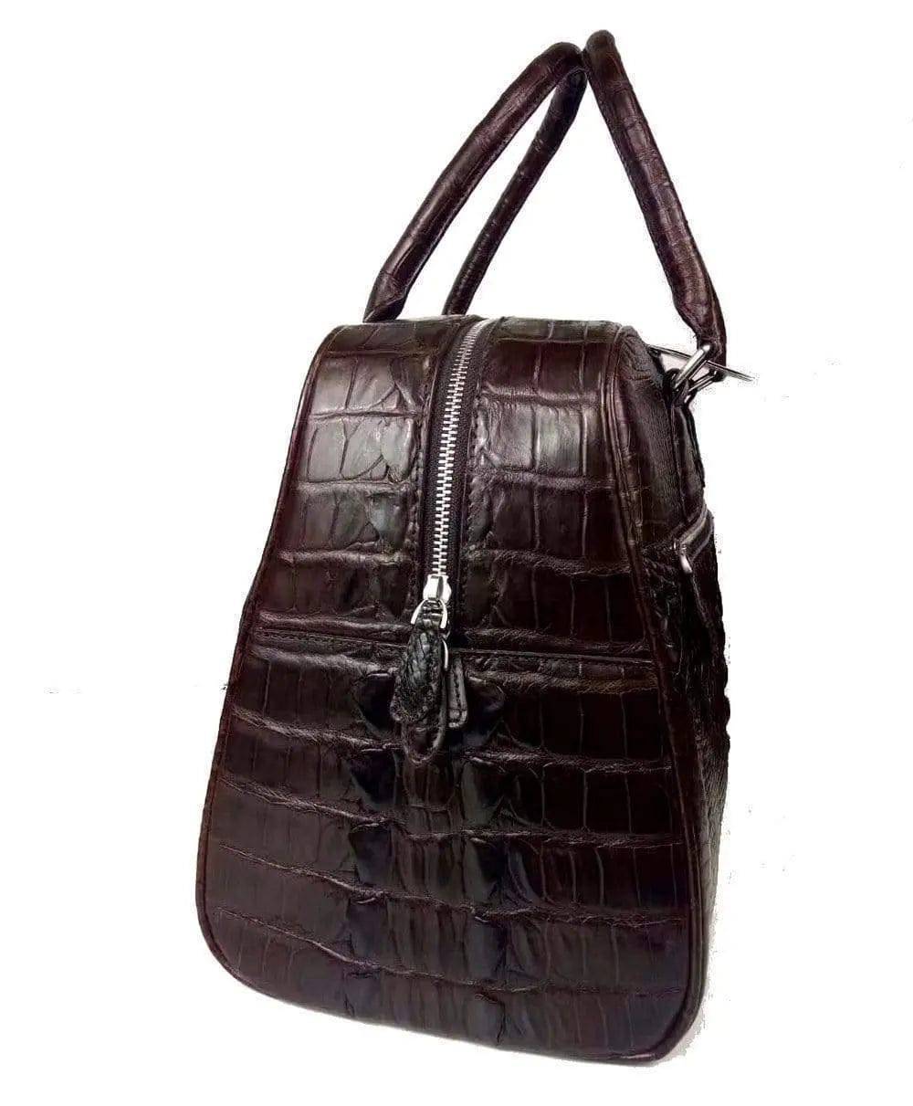 Rossie Viren genuine crocodile leather large travel bag with bone leather accents, designed as a weekend, holdall, or duffle bag.