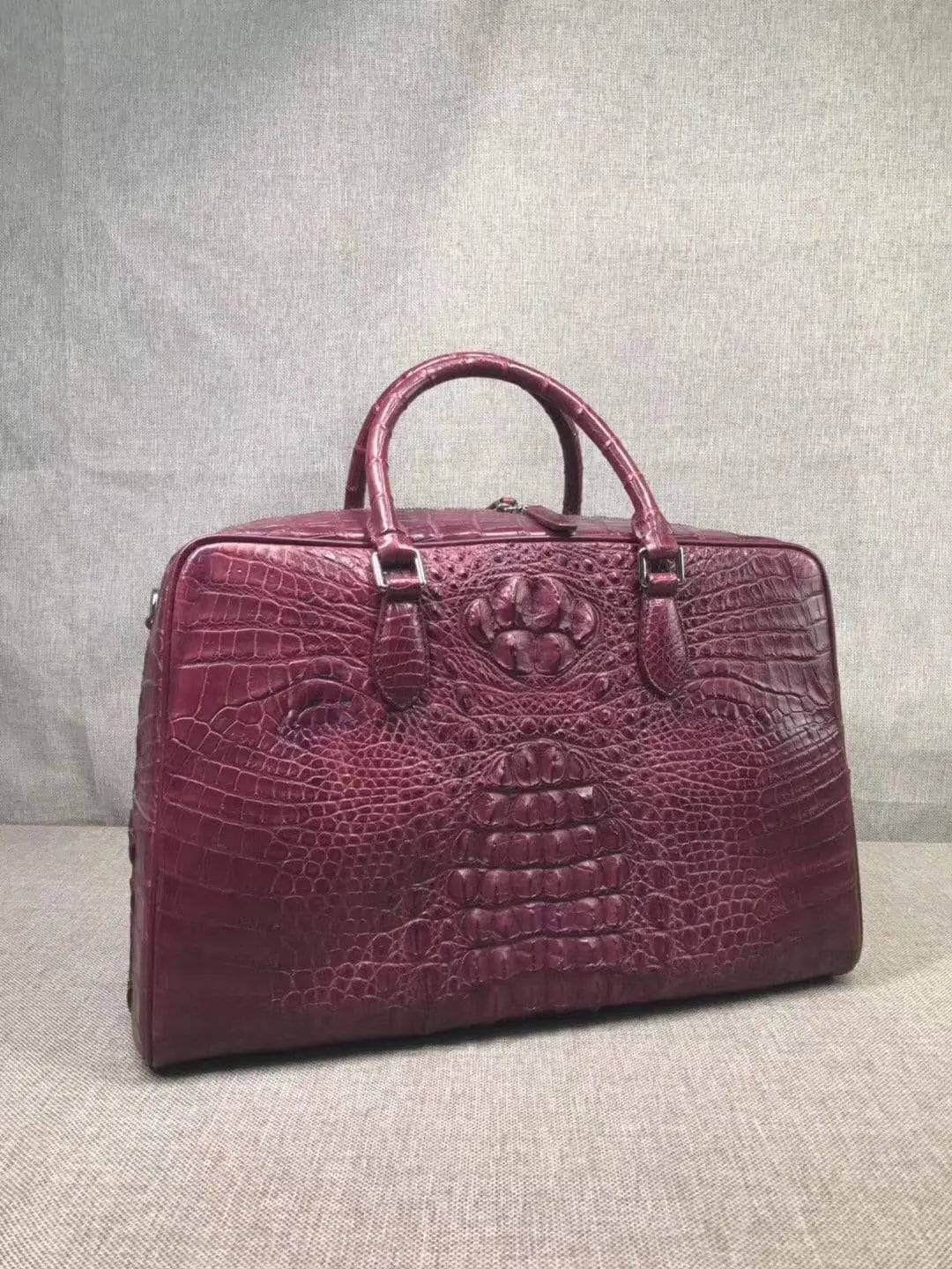 Rossie Viren genuine crocodile leather large travel bag with bone leather accents, ideal for weekends, holdalls, and duffle trips.