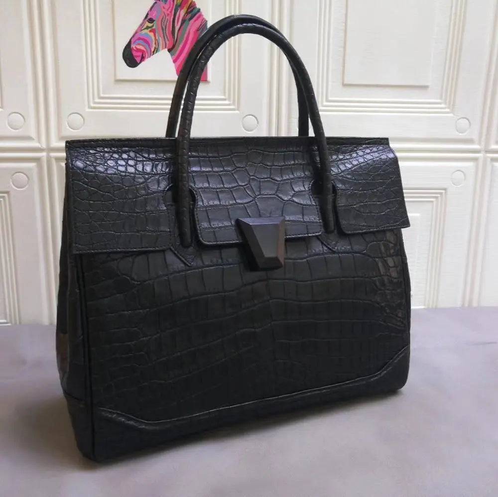 Rossie Viren genuine crocodile leather large tote briefcase, stylish business handbag with textured crocodile pattern and sturdy handles.