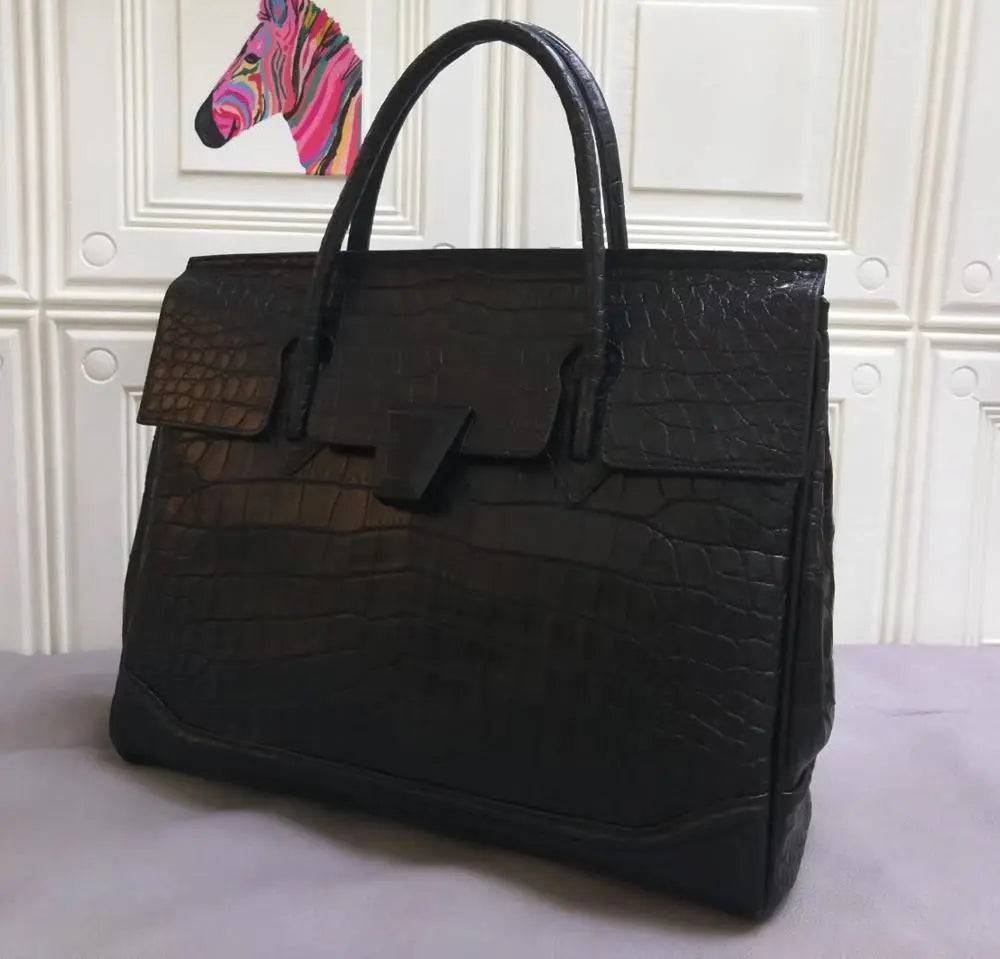 Rossie Viren genuine crocodile leather large tote briefcase, stylish business handbag with textured crocodile pattern and sturdy handles.