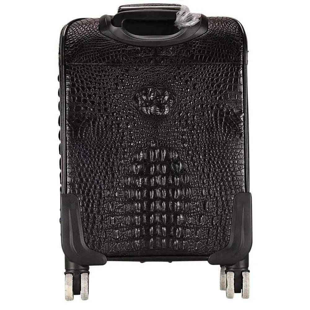 Genuine crocodile leather suitcase by Rossie Viren with four spinner wheels, roller trolley case for travel and luggage.
