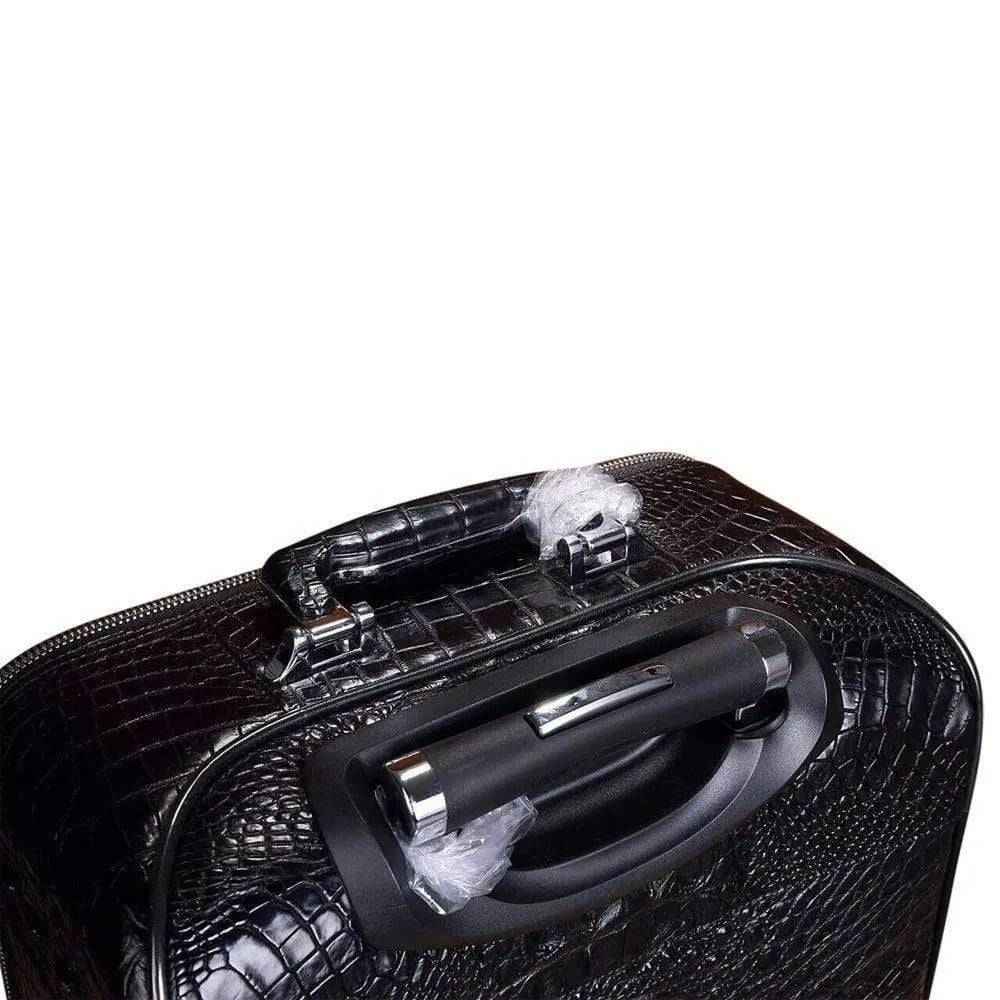 Genuine crocodile leather Rossie Viren suitcase with four spinner wheels and a sleek travel trolley case design.