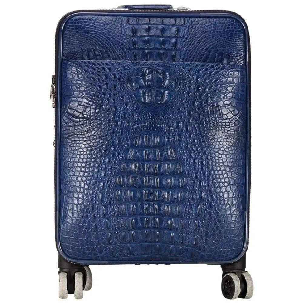 Genuine crocodile leather Rossie Viren suitcase with four spinner wheels and sturdy handle for travel.