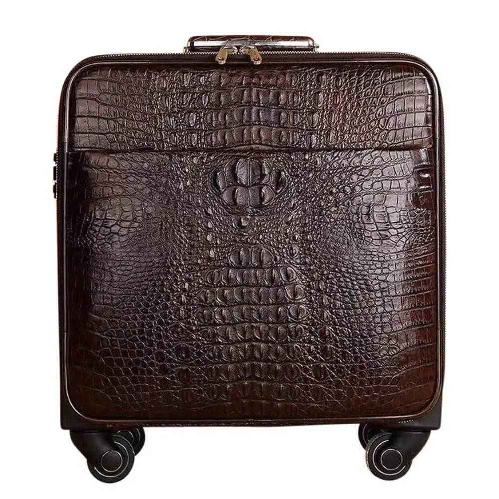 Genuine crocodile leather Rossie Viren suitcase with four spinner wheels, travel trolley case with sleek, textured finish.